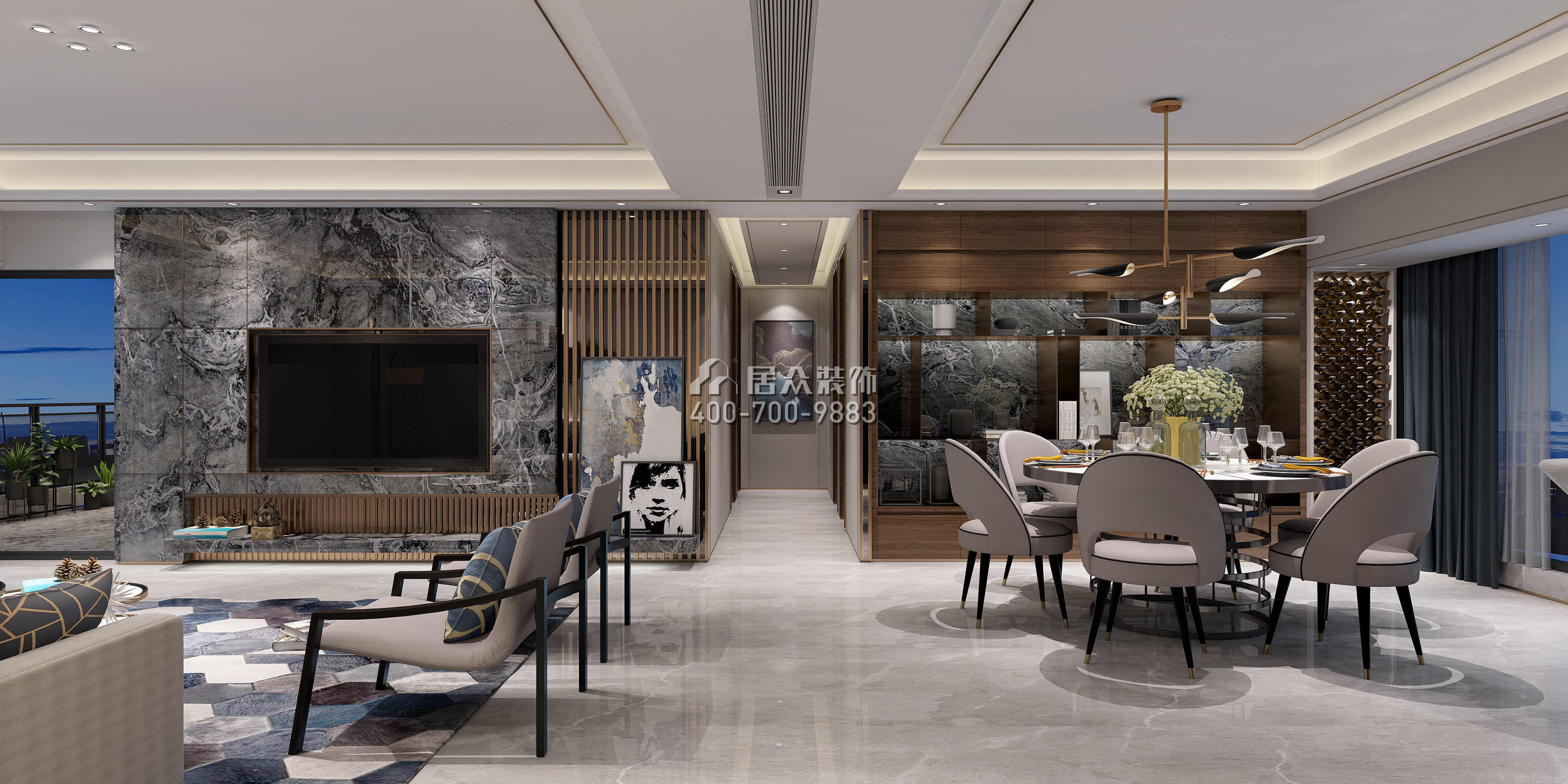 香山里花園一期220平方米現代簡約風格平層戶型客餐廳一體裝修效果圖