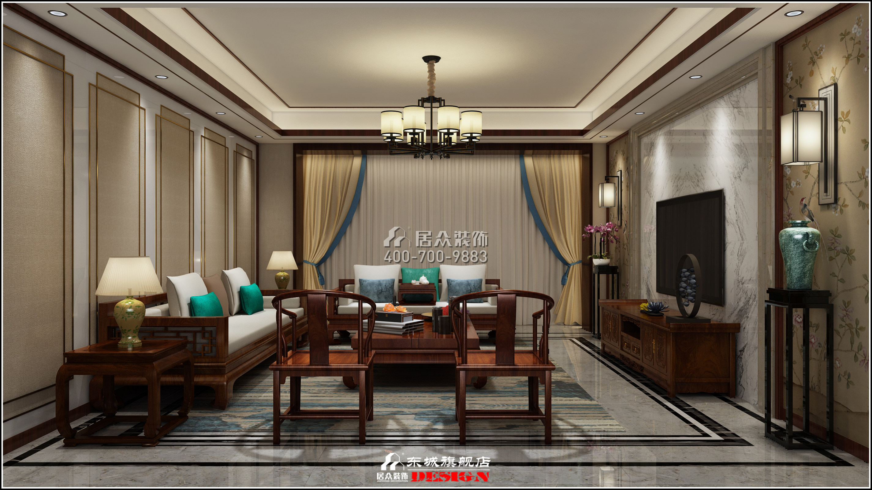 湘域熙岸303平方米中式风格平层户型客厅装修效果图