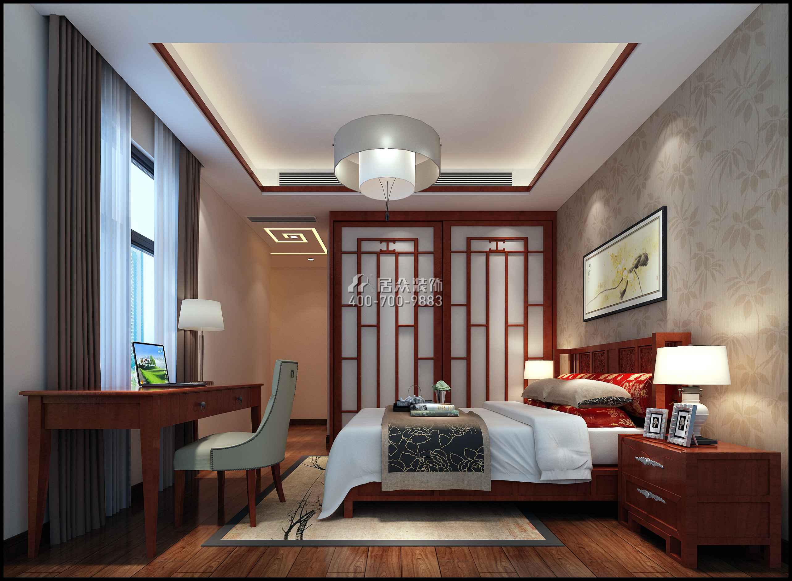 仁山智水花园一期140平方米中式风格平层户型卧室装修效果图