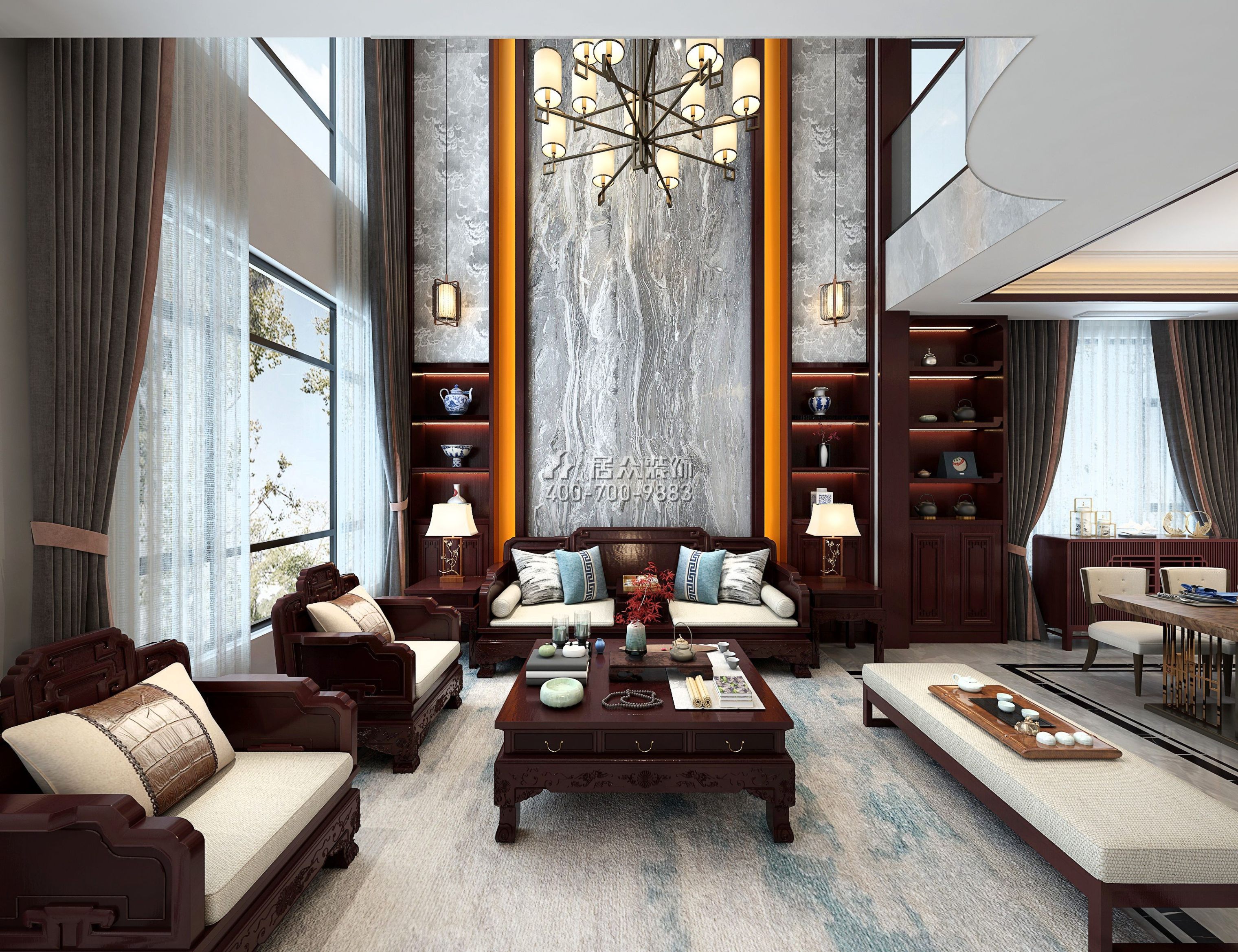 天鹅湾3期450平方米中式风格别墅户型客厅装修效果图