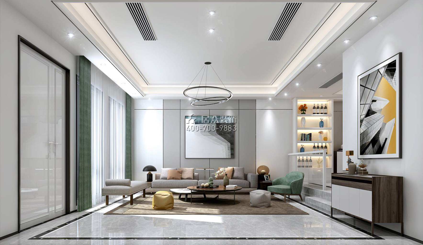 鲁能领秀城350平方米现代简约风格别墅户型客厅装修效果图