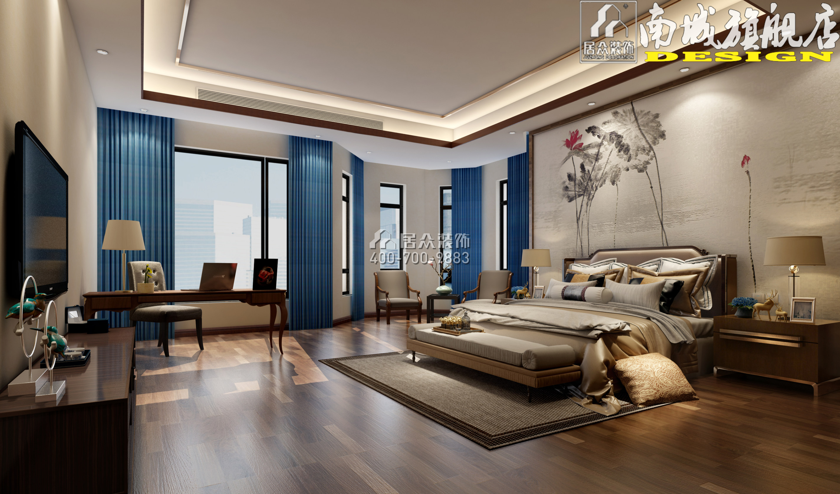 碧桂园天玺弯406平方米中式风格平层户型卧室装修效果图