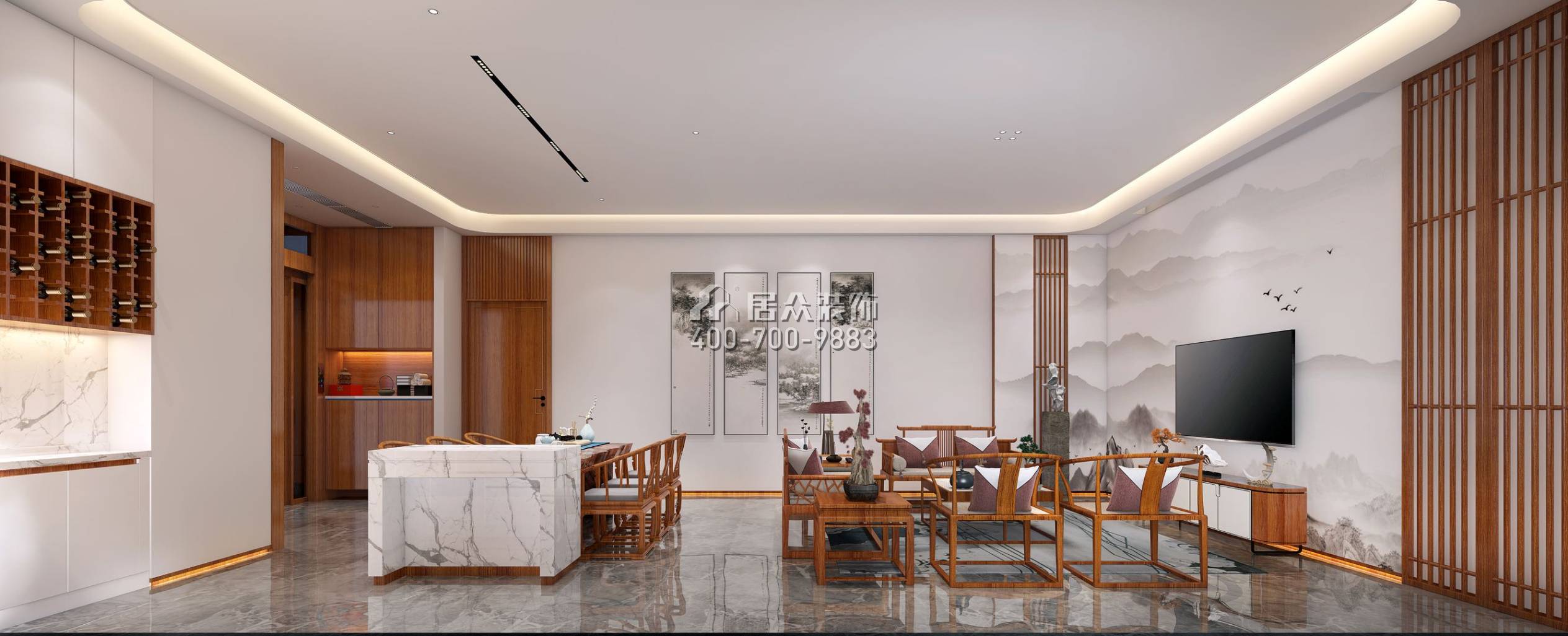 翠湖香山别苑285平方米中式风格复式户型客餐厅一体装修效果图