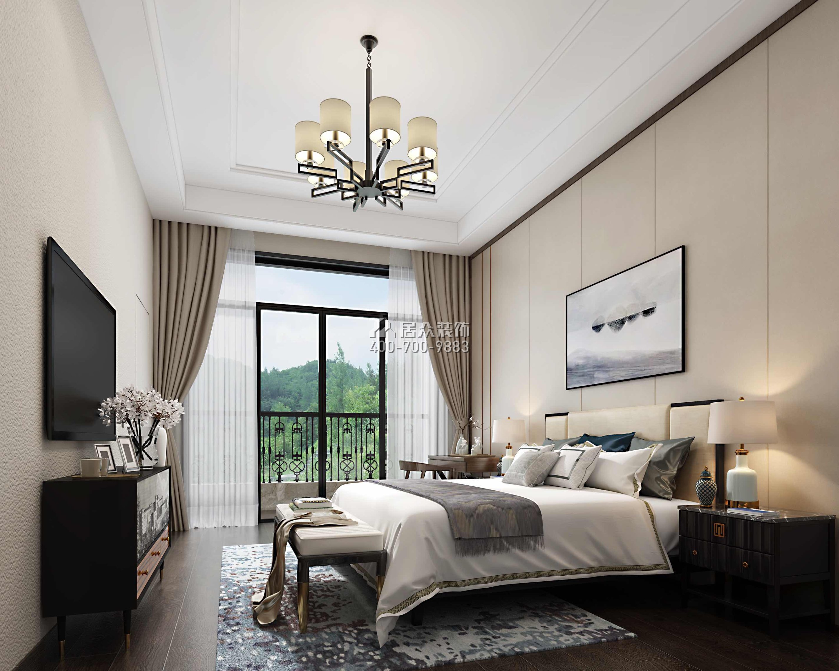 雅居乐白鹭湖300平方米中式风格平层户型卧室开元官网效果图