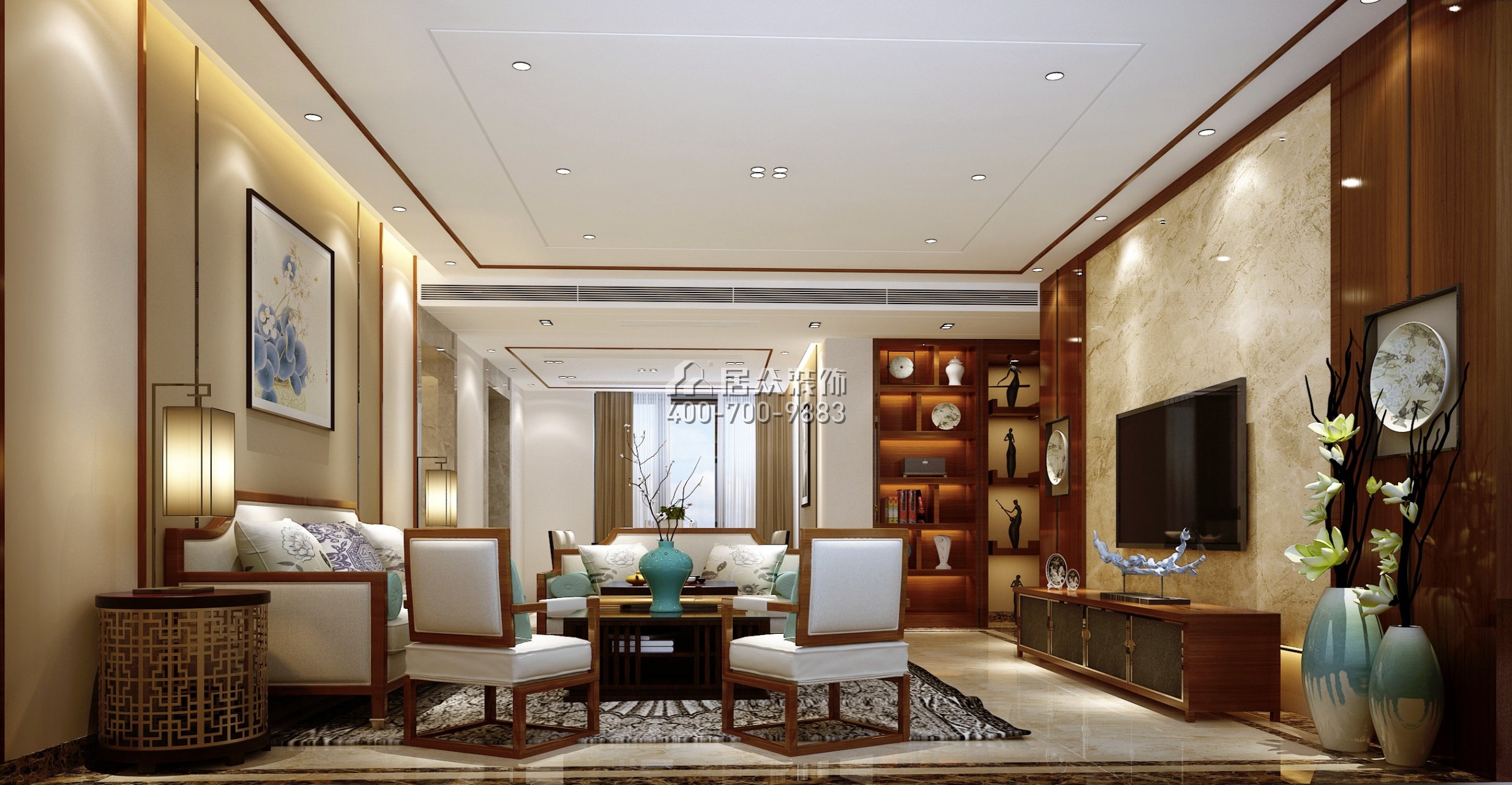 220平方米中式风格复式户型客厅装修效果图