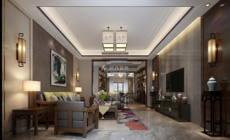 中洲中央公园260平方米中式风格平层户型客厅装修效果图