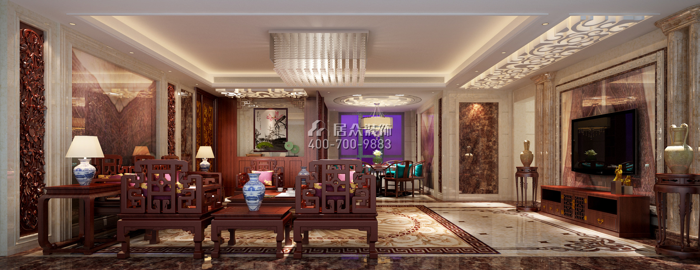 中洲中央公园160平方米中式风格平层户型客厅装修效果图