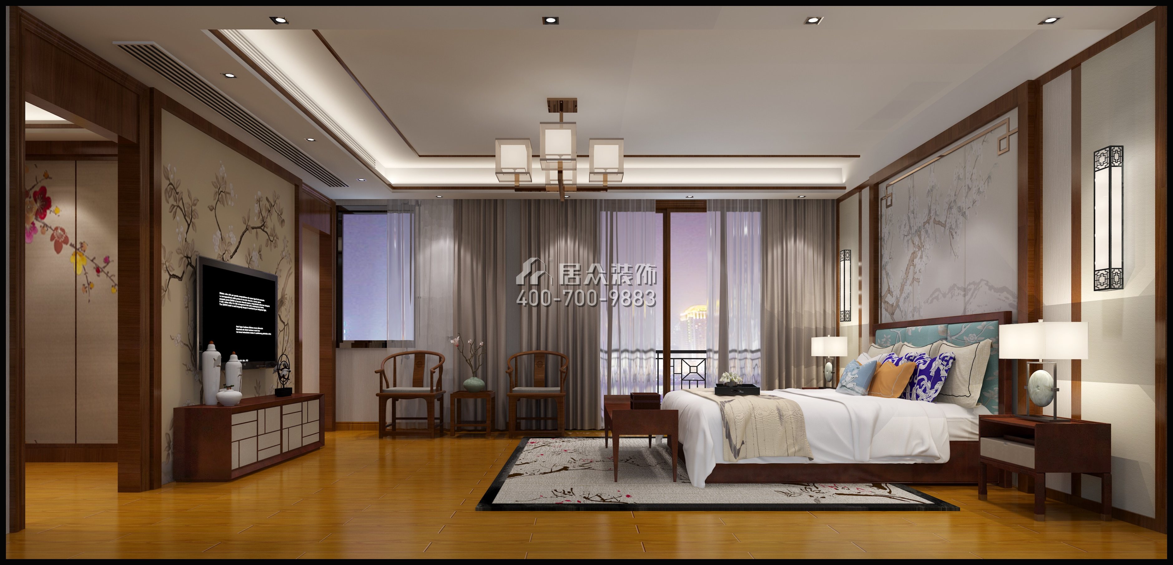 碧桂园300平方米中式风格别墅户型卧室装修效果图