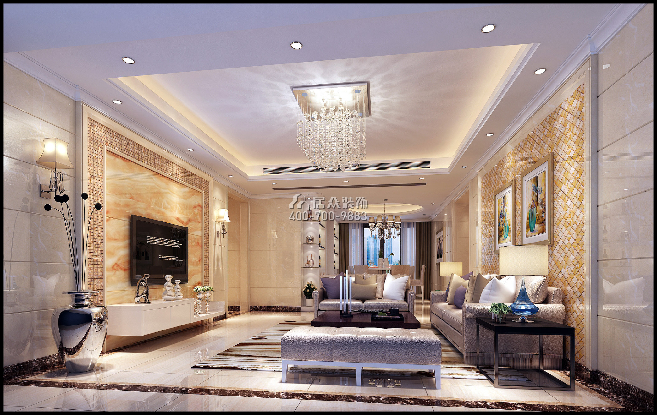 西荟城89平方米现代简约风格平层户型客厅装修效果图