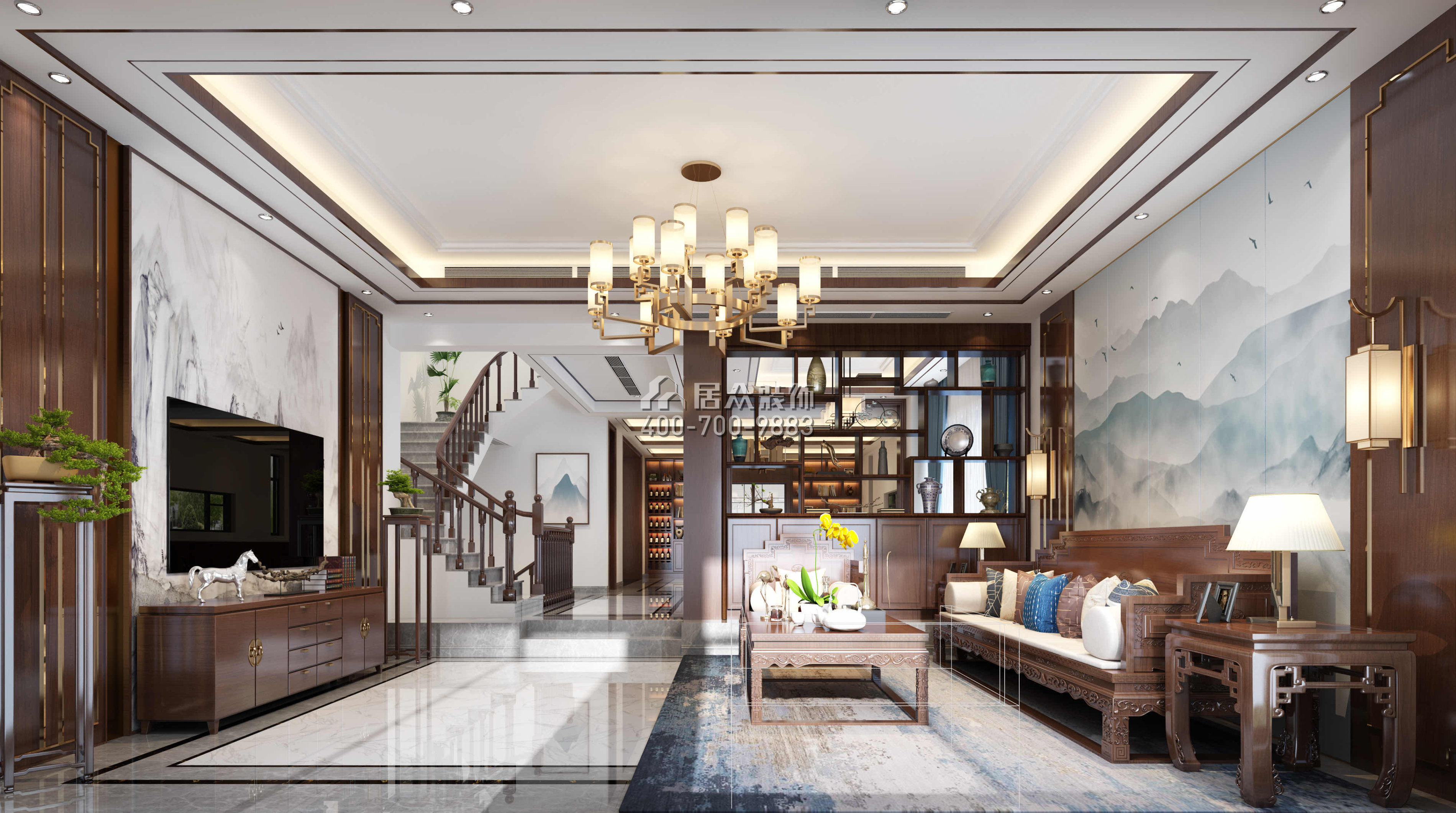 华发新城480平方米中式风格别墅户型客厅装修效果图