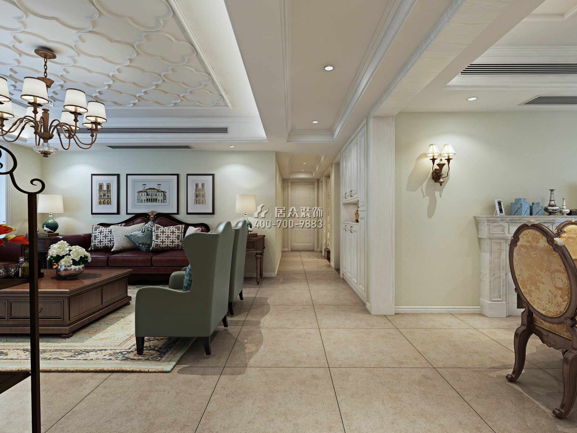 首创名苑155平方米美式风格平层户型客厅装修效果图