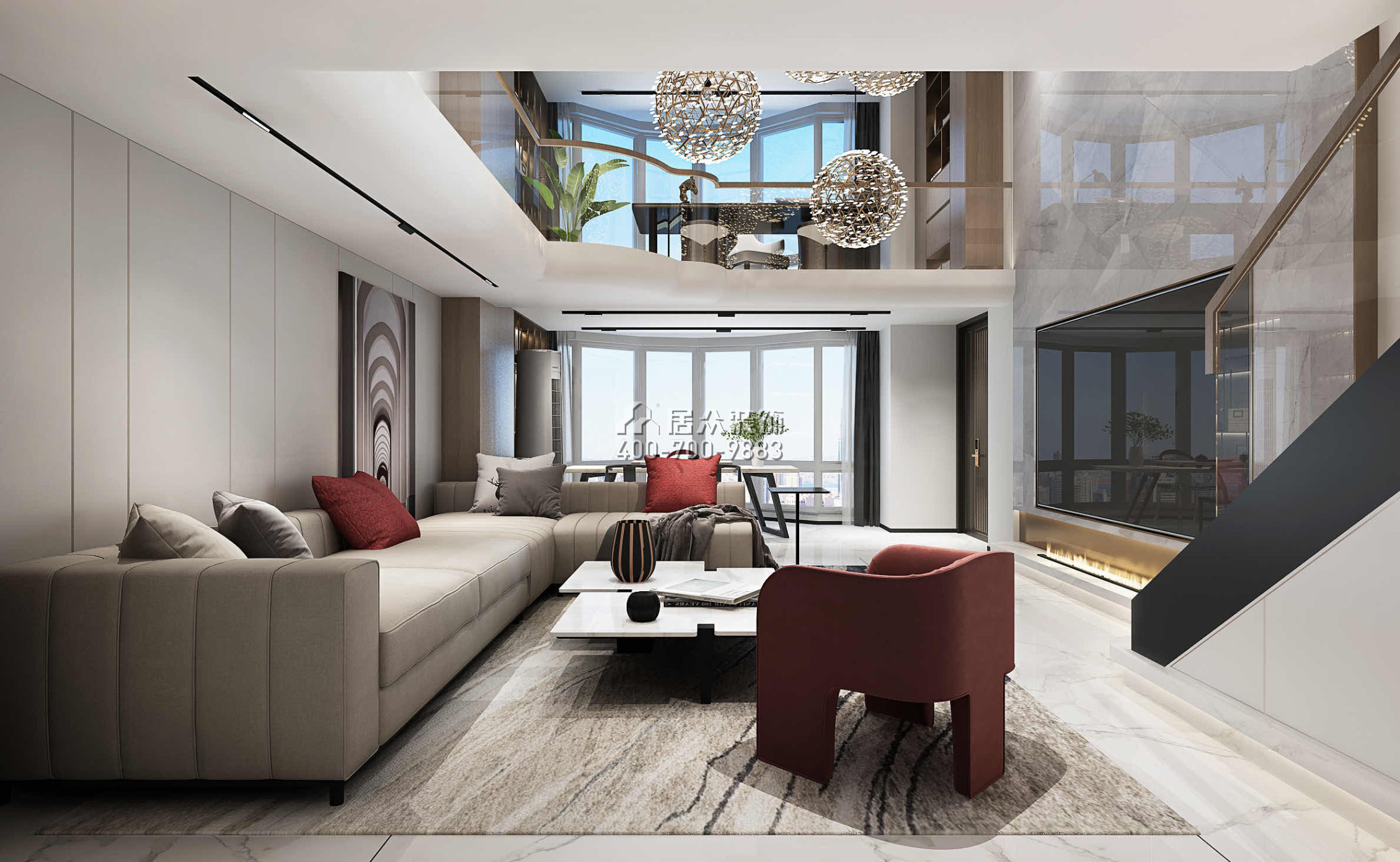 瑞景新村150平方米现代简约风格复式户型客厅装修效果图