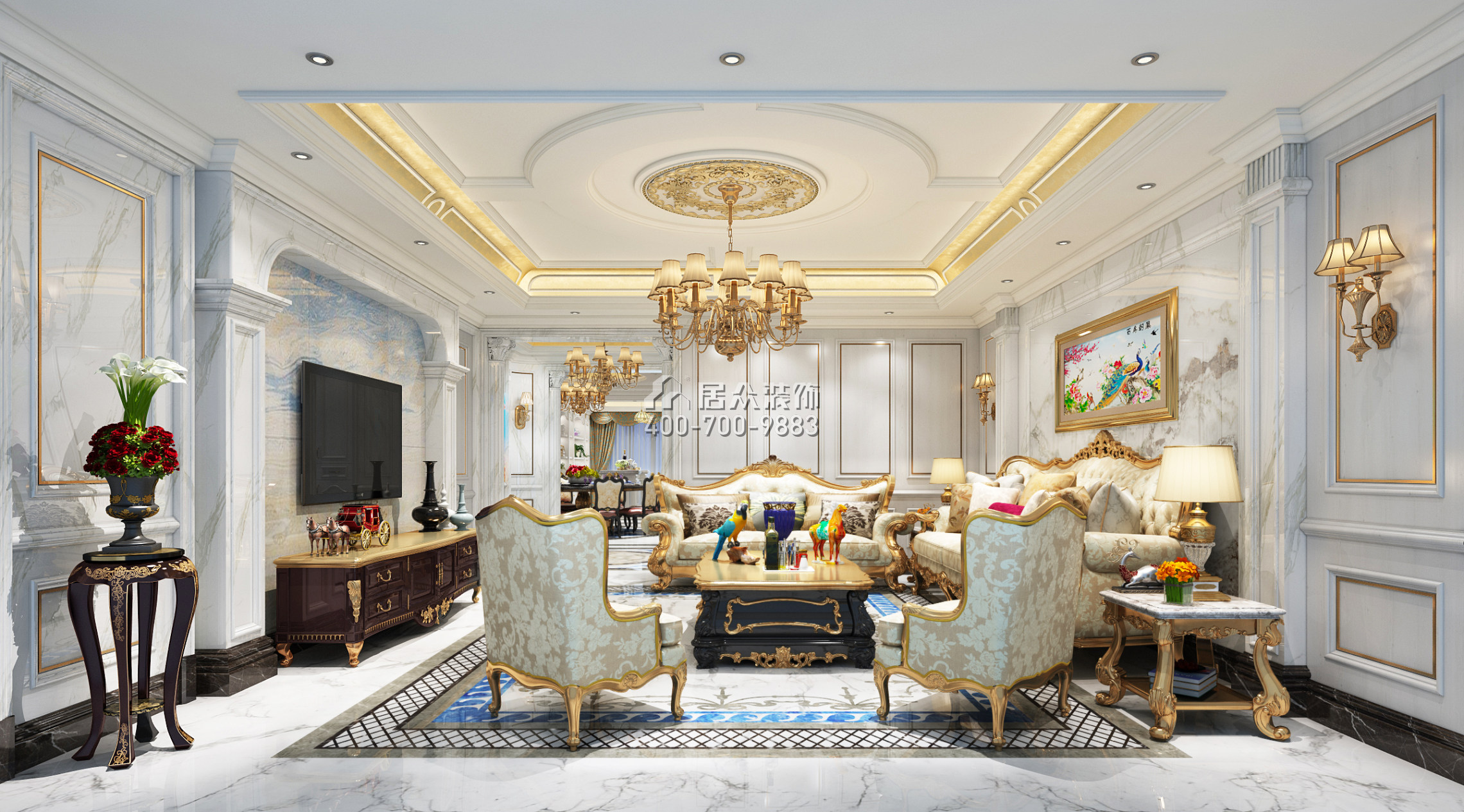 中洲中央公园二期289平方米欧式风格平层户型客厅装修效果图