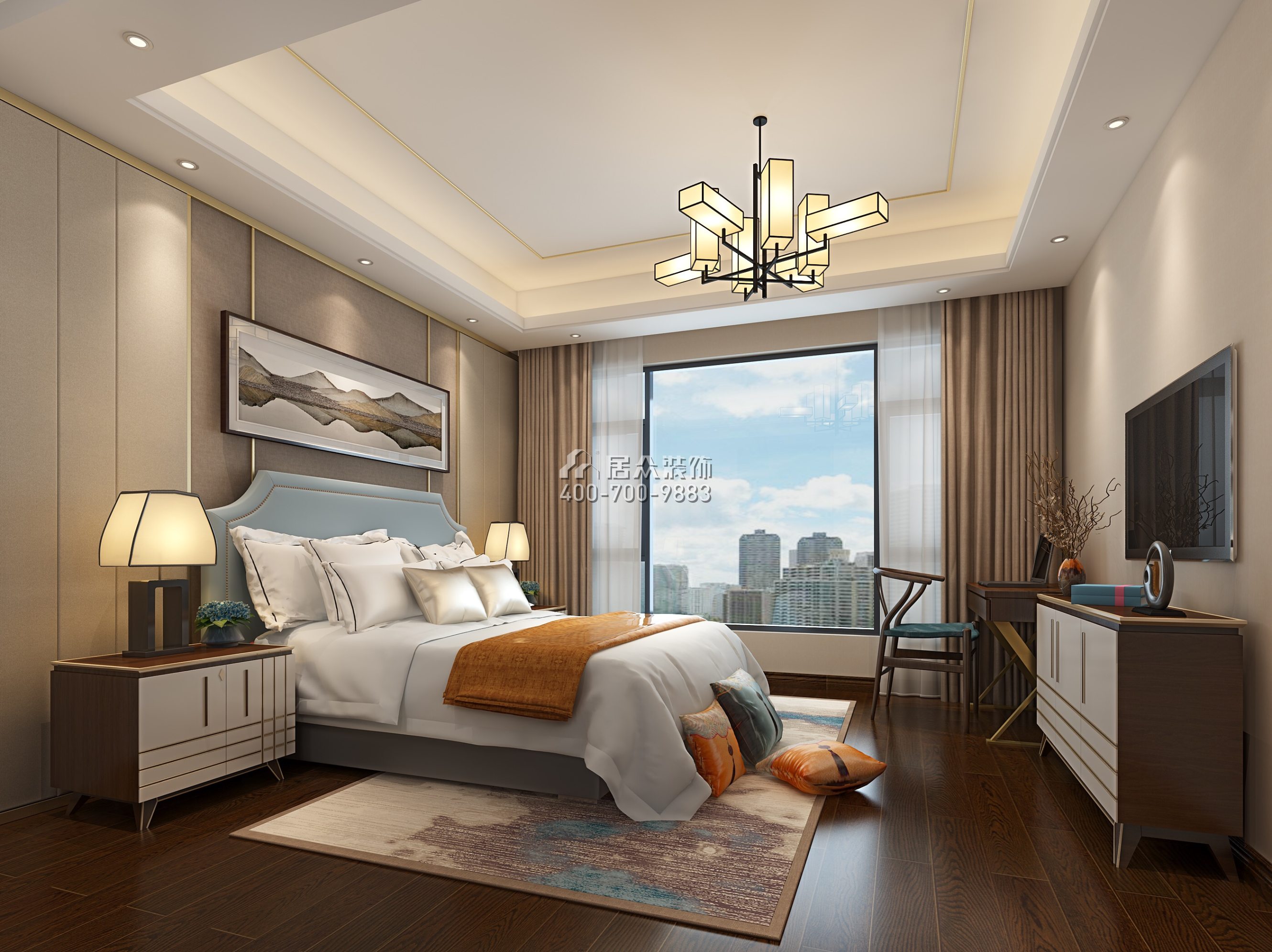 方直珑湖湾163平方米中式风格平层户型卧室装修效果图