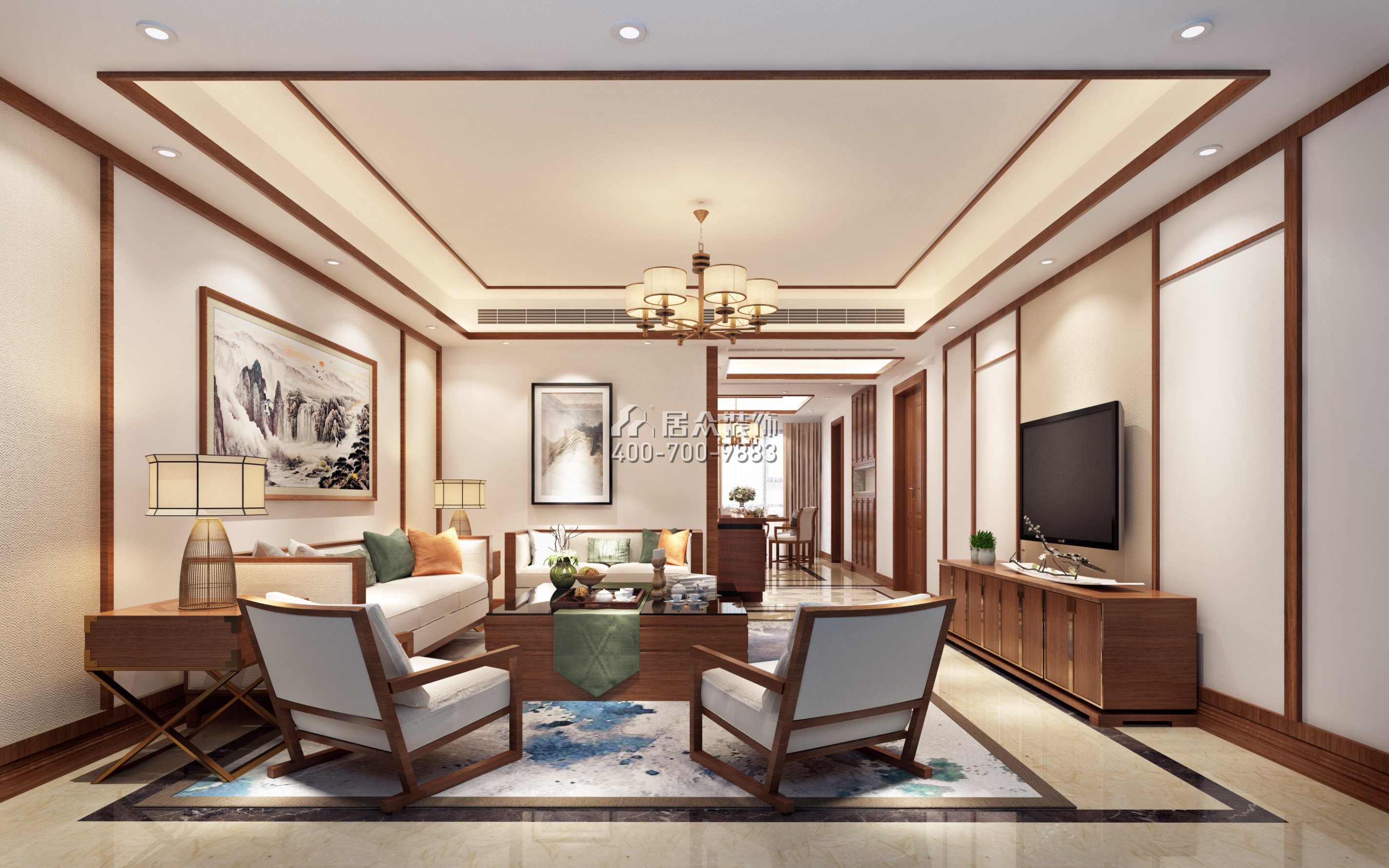 华发峰景湾168平方米中式风格平层户型客厅装修效果图