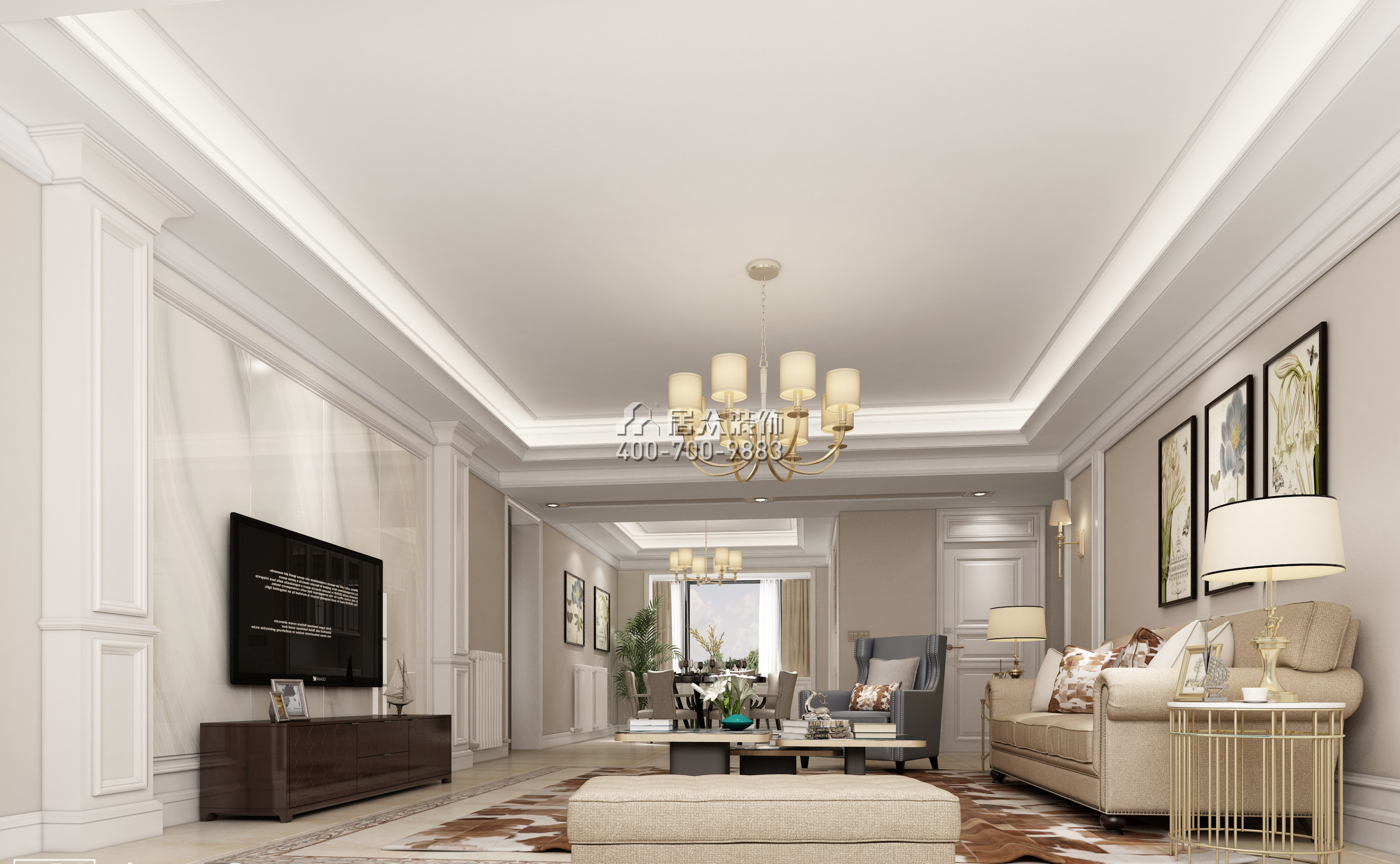 八方小区200平方米美式风格平层户型客厅装修效果图