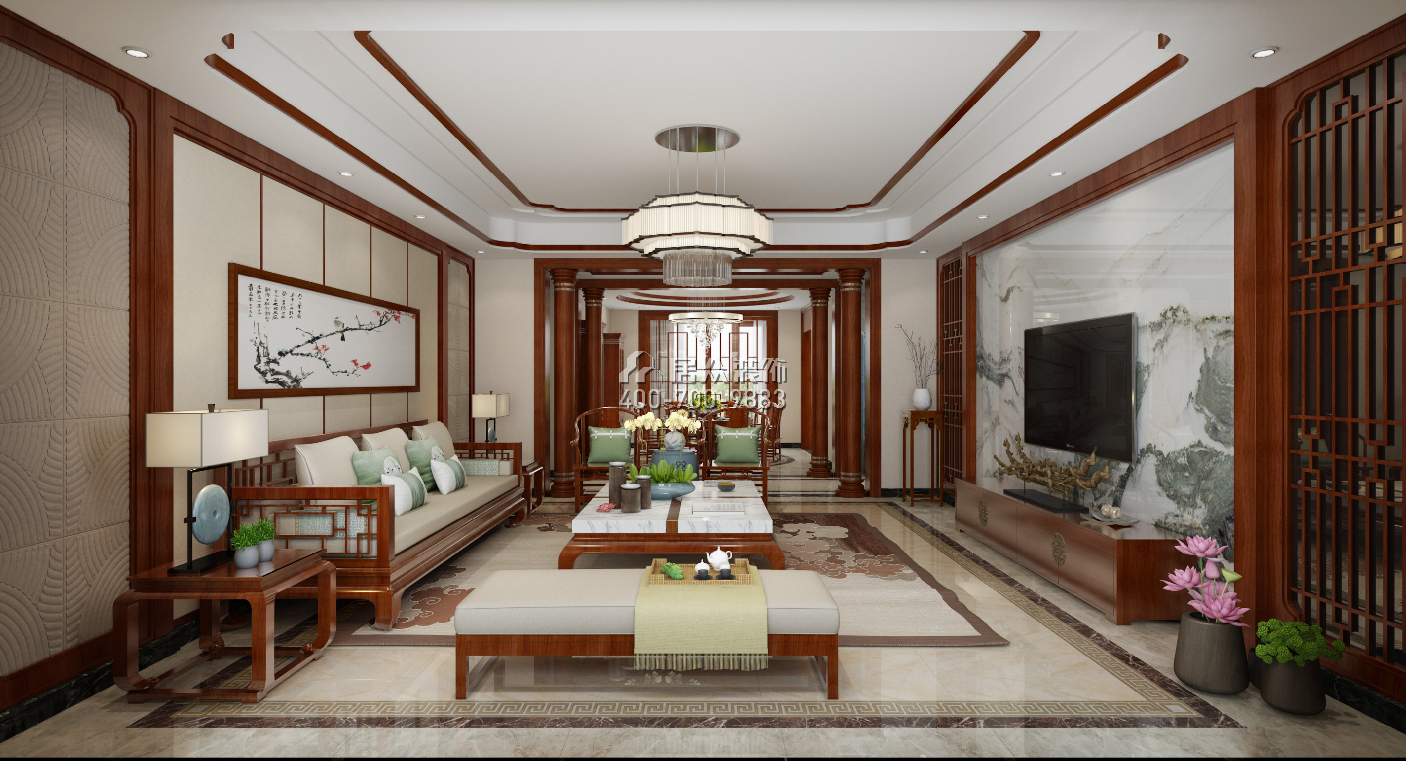 曦园288平方米中式风格平层户型客厅装修效果图