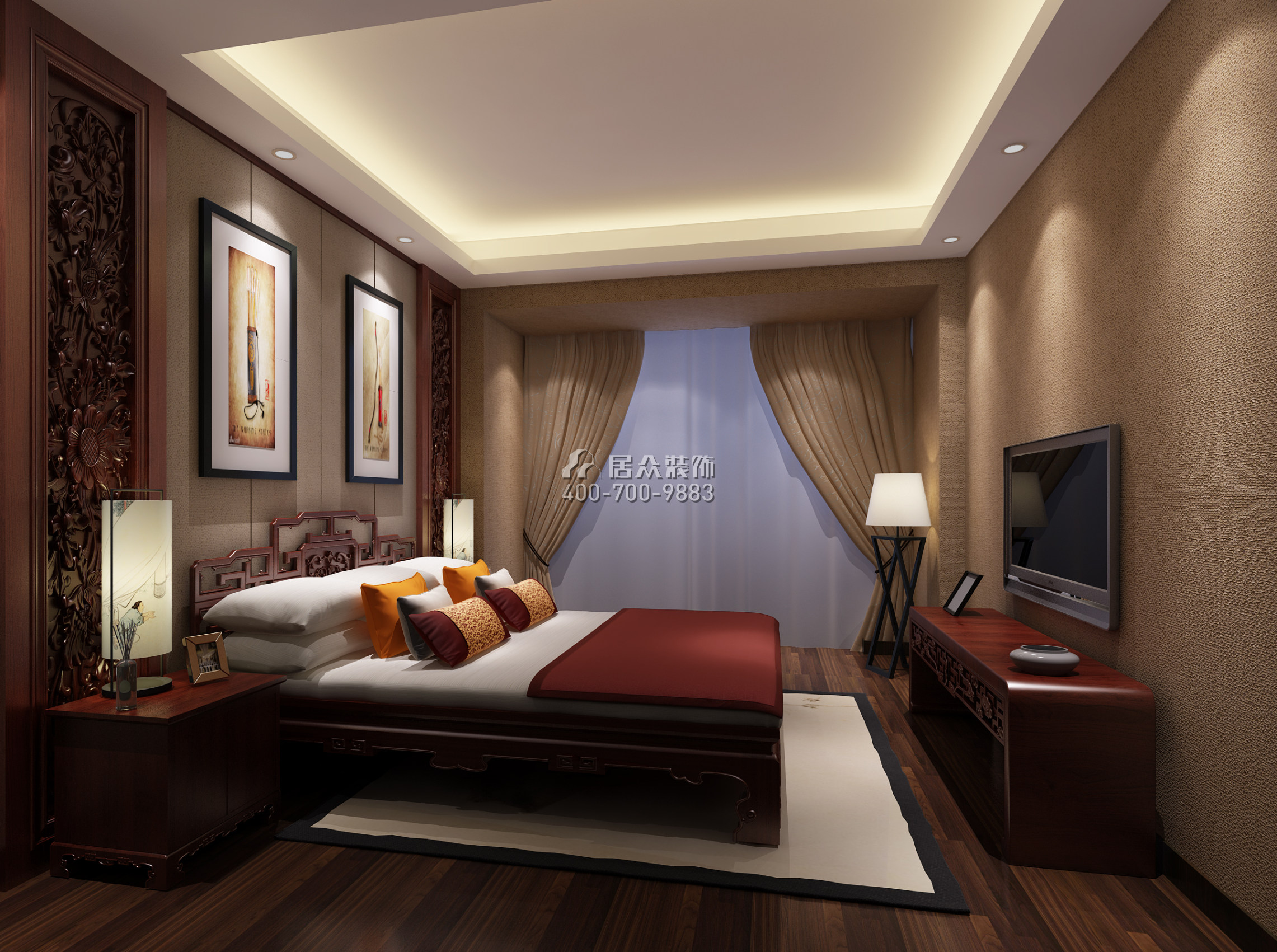 中洲中央公园160平方米中式风格平层户型卧室装修效果图