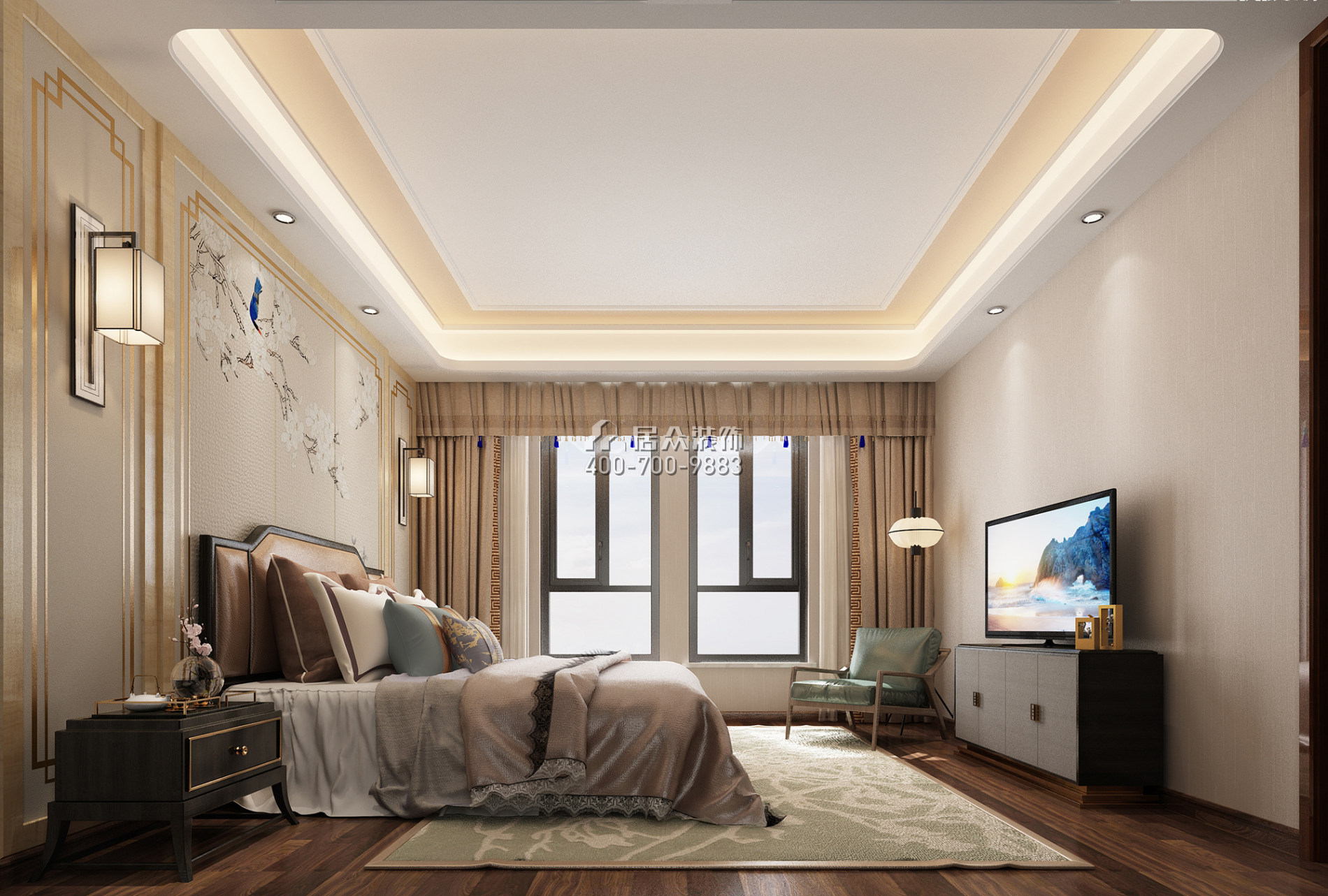 第六都220平方米中式风格平层户型卧室装修效果图