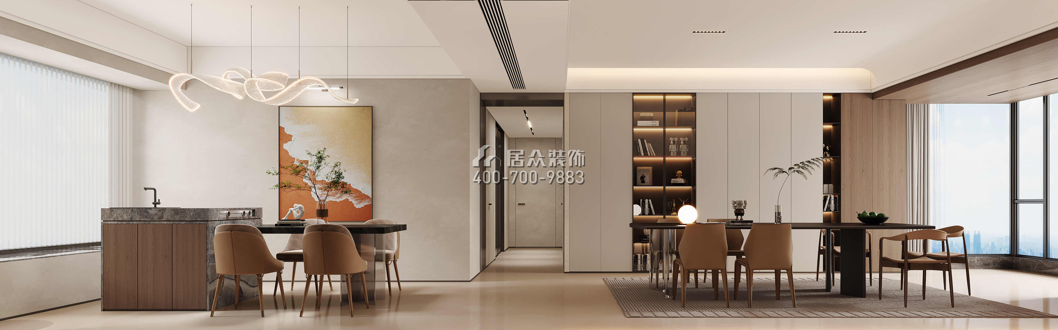 天健天骄南苑210平方米现代简约风格平层户型客餐厅一体装修效果图