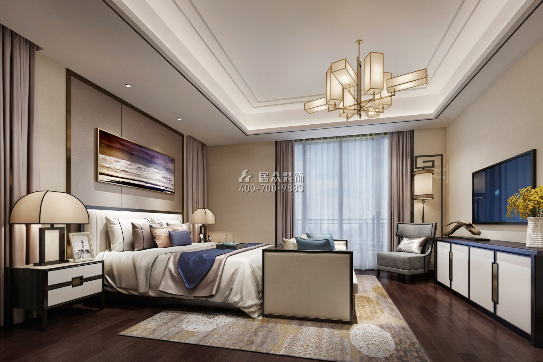 岭南公馆410平方米中式风格平层户型卧室装修效果图