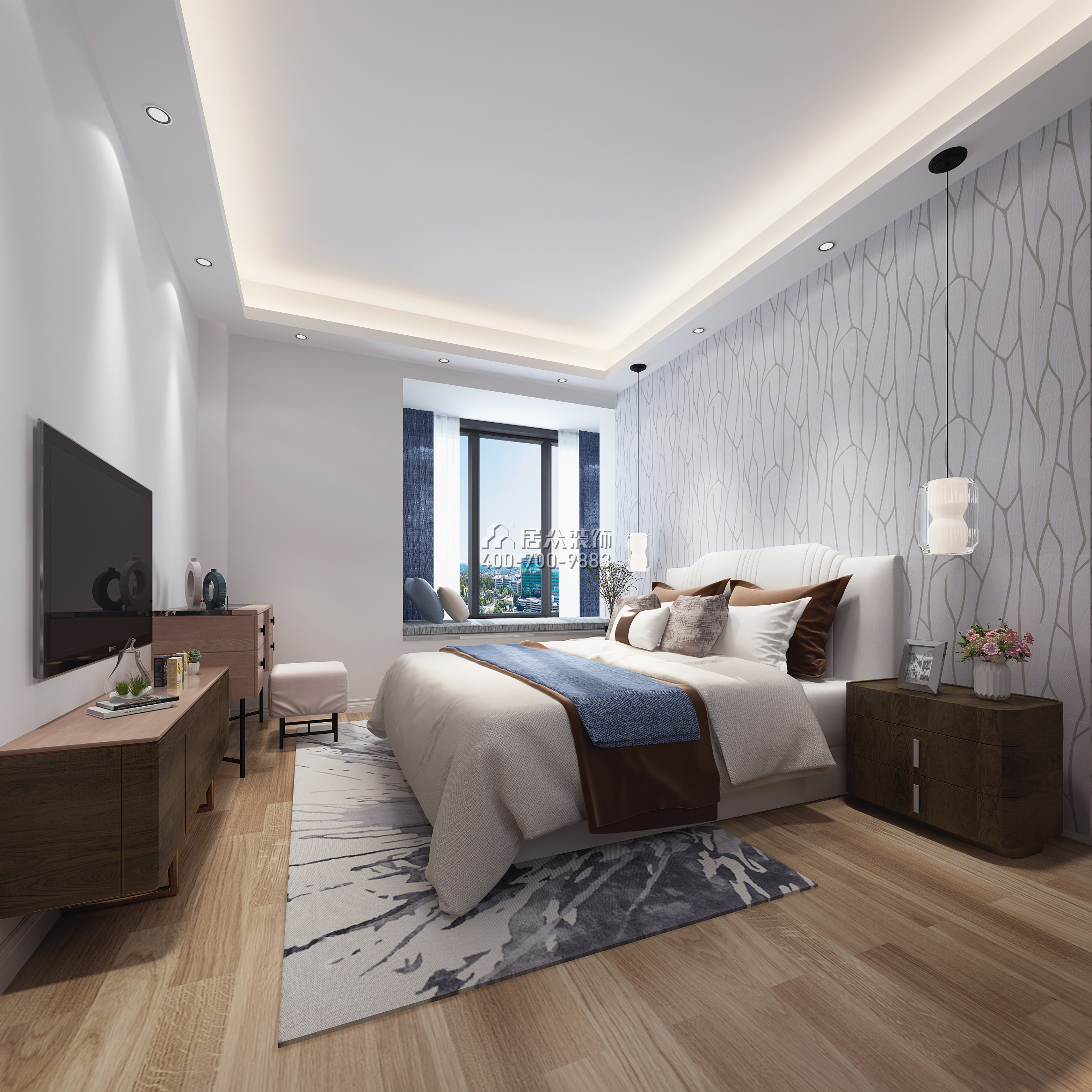 中骏蓝湾悦庭110平方米现代简约风格平层户型卧室装修效果图