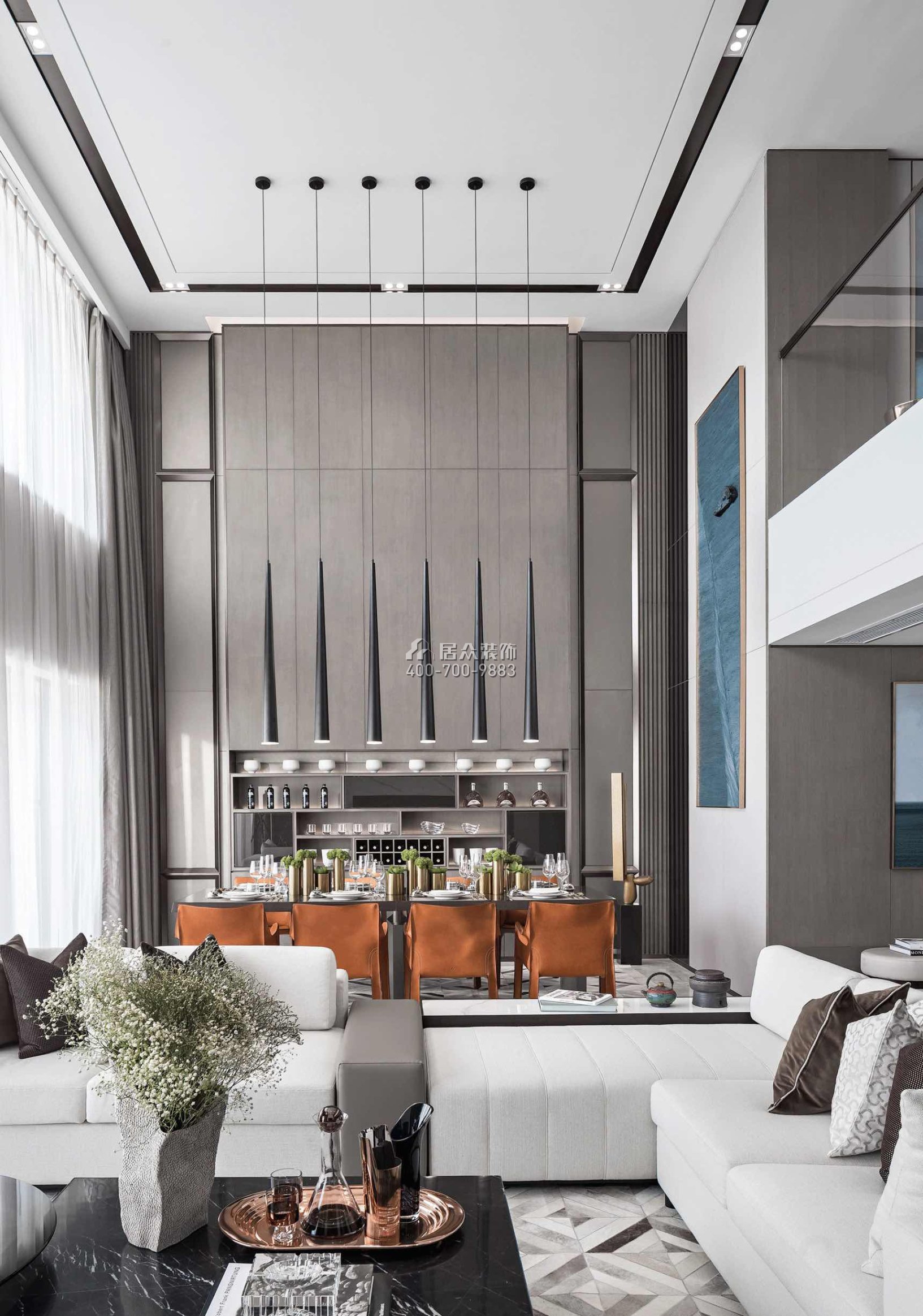 天骄御峰500平方米现代简约风格别墅户型客餐厅一体装修效果图