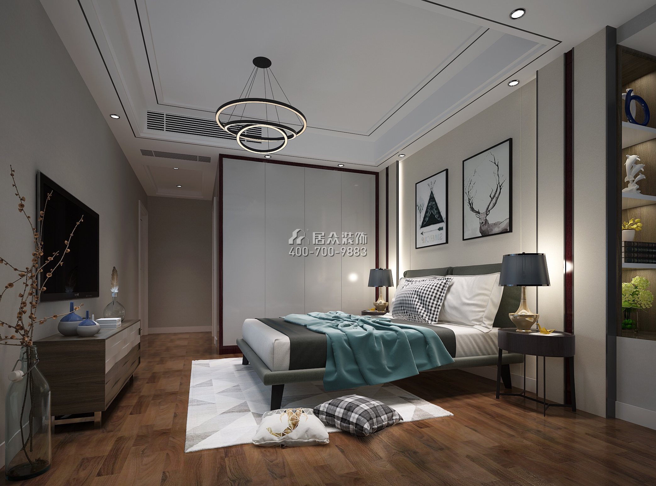 广州万达城133平方米现代简约风格平层户型卧室装修效果图