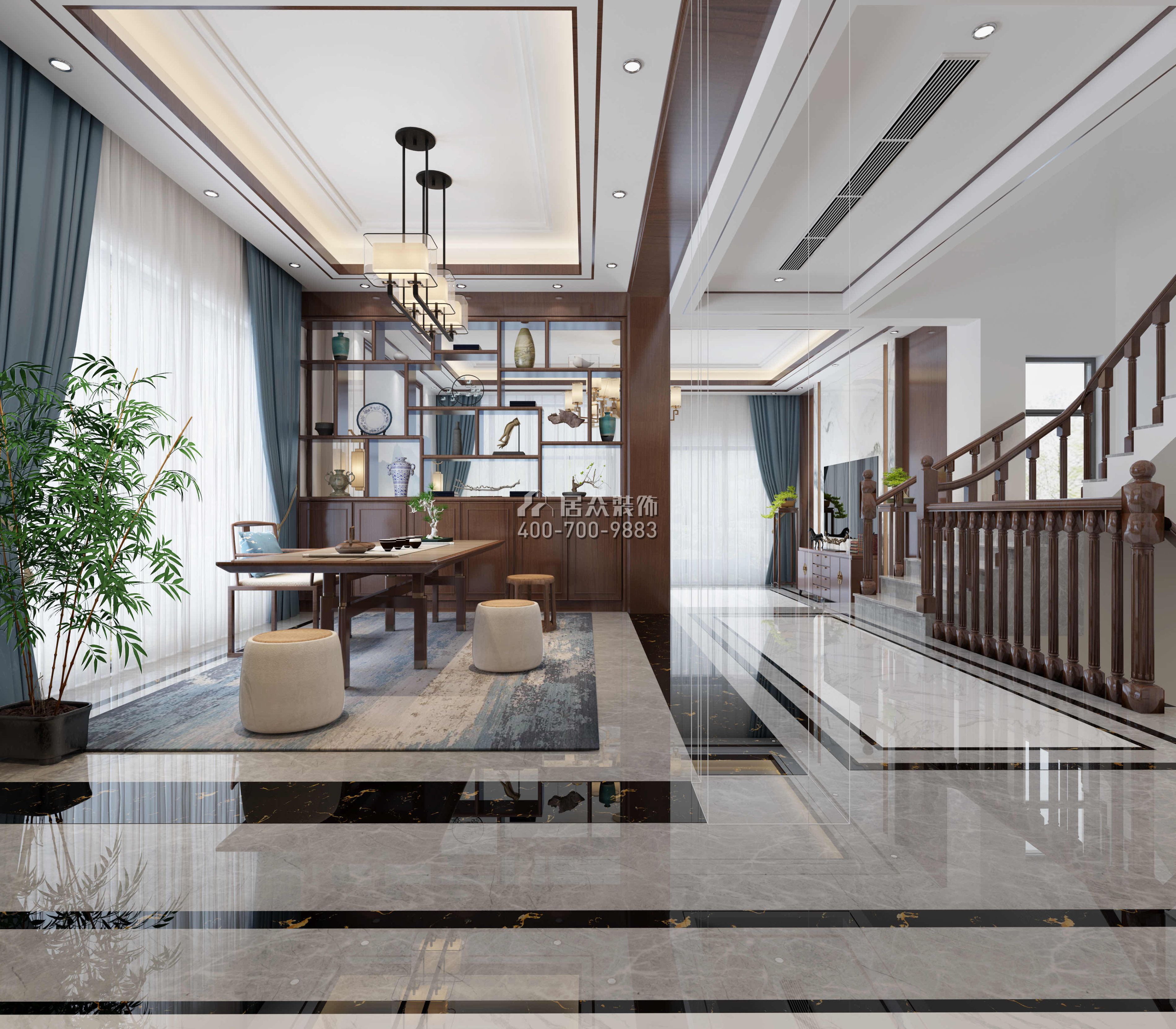 华发新城480平方米中式风格别墅户型茶室装修效果图
