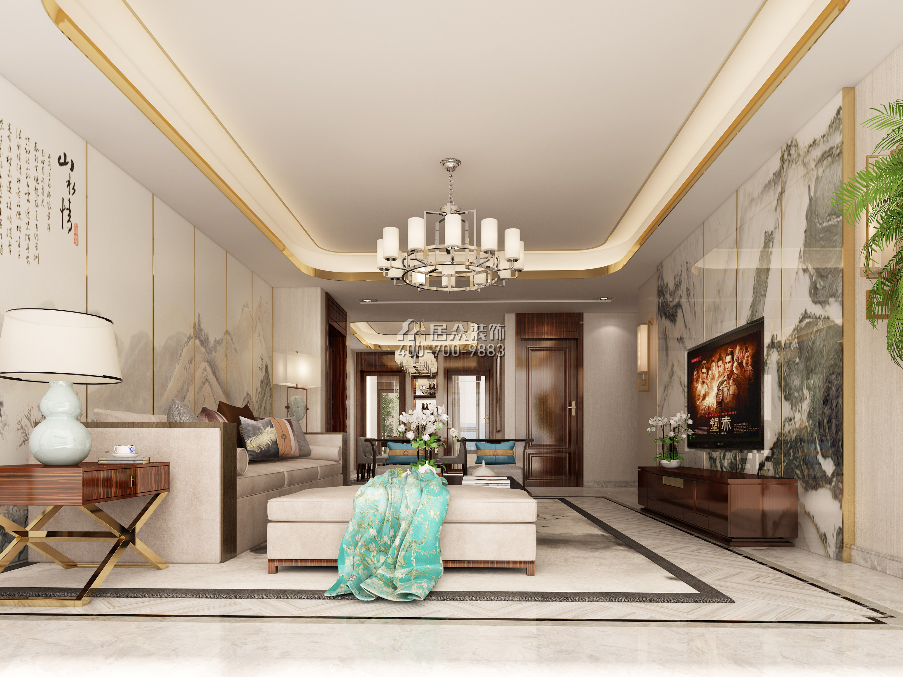 中建江山壹號250平方米中式風格平層戶型客廳裝修效果圖
