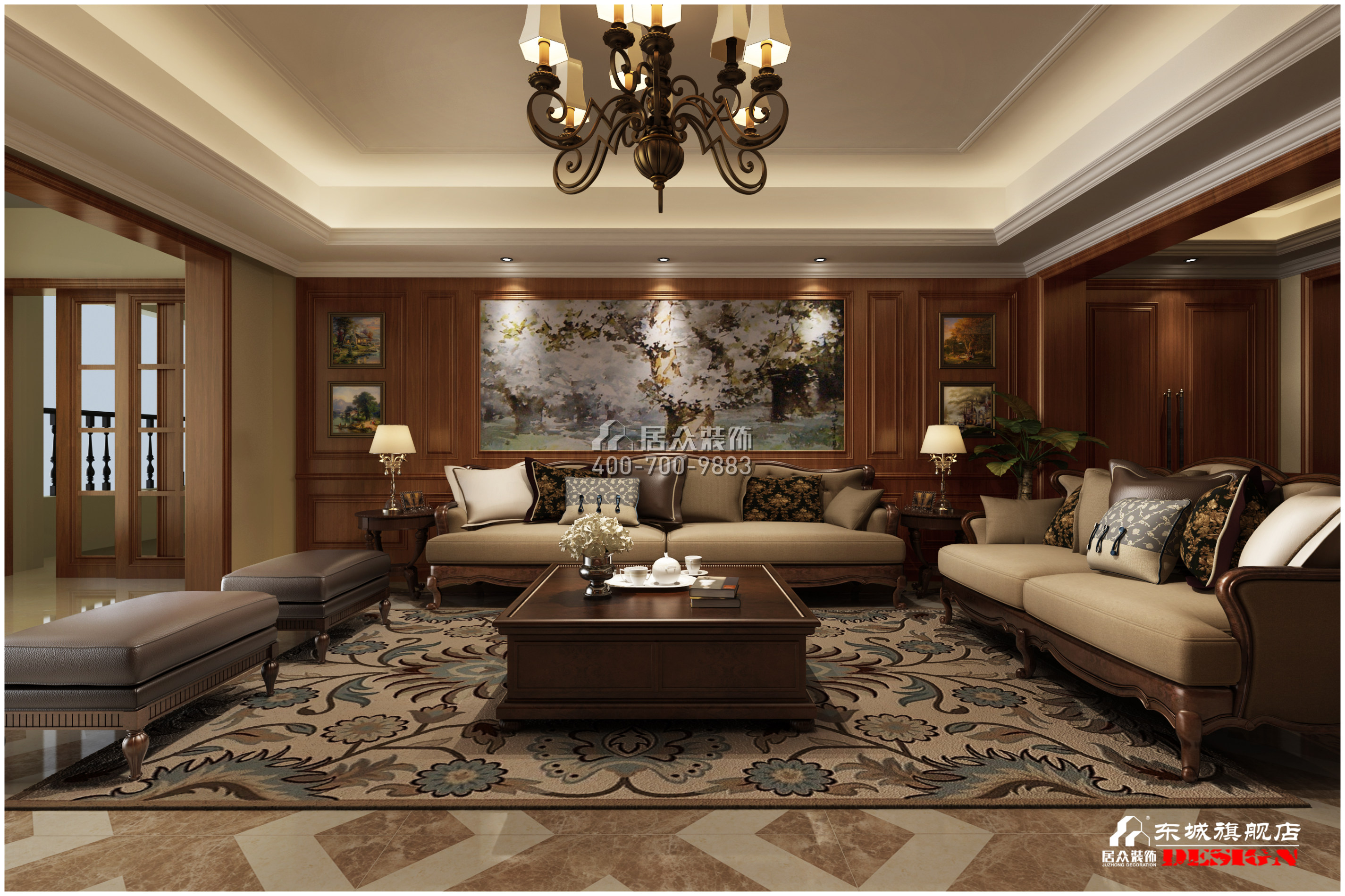 碧桂园天玺湾400平方米美式风格平层户型客厅装修效果图