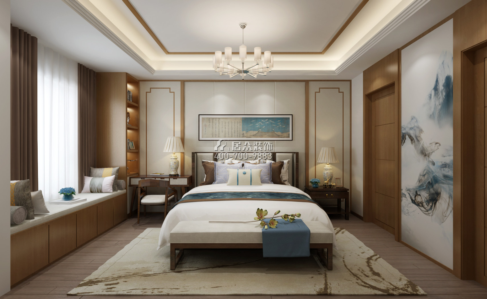 梅溪湖壹号188平方米中式风格平层户型卧室装修效果图