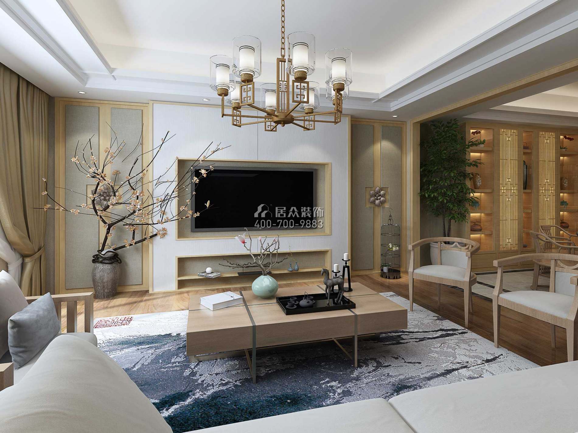 融创凡尔赛领馆108平方米中式风格平层户型客厅装修效果图