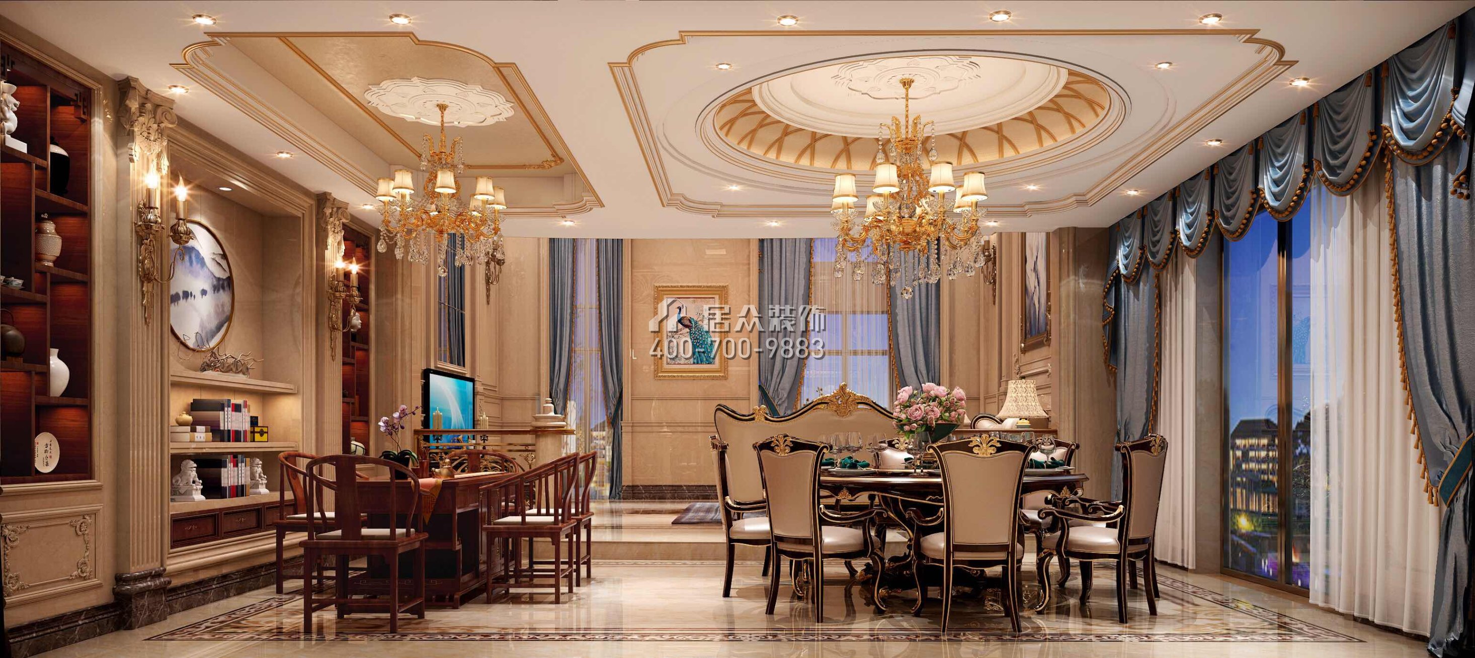 万科紫台260平方米欧式风格别墅户型客餐厅一体装修效果图
