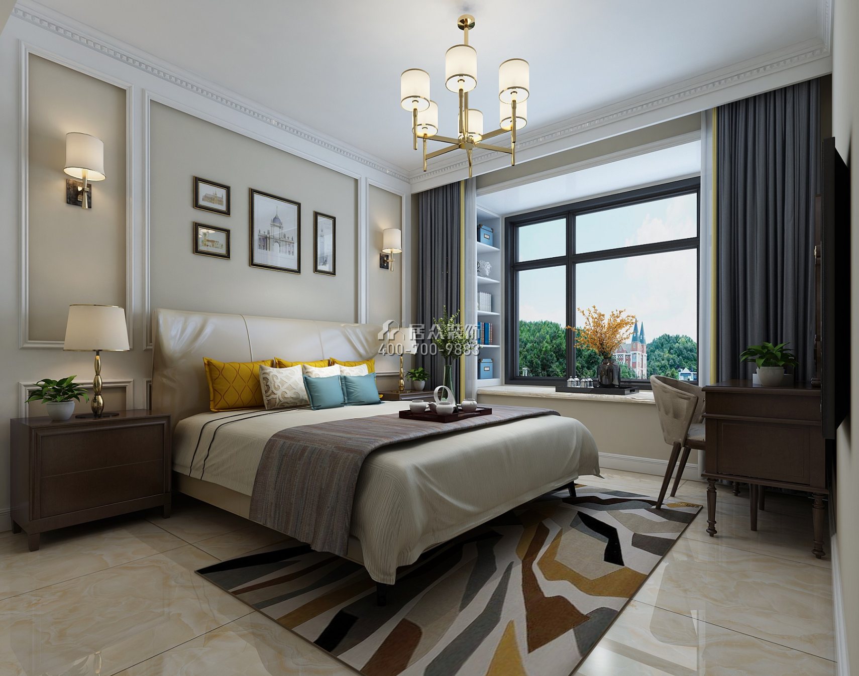 上东国际花园120平方米美式风格平层户型卧室装修效果图