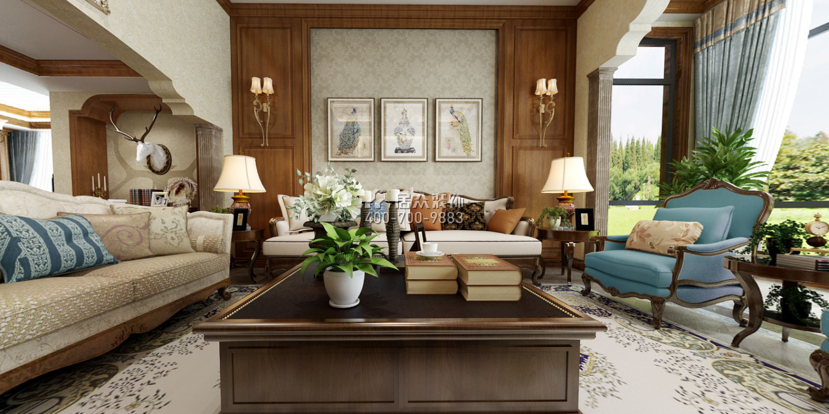 托斯卡纳320平方米美式风格别墅户型客厅装修效果图