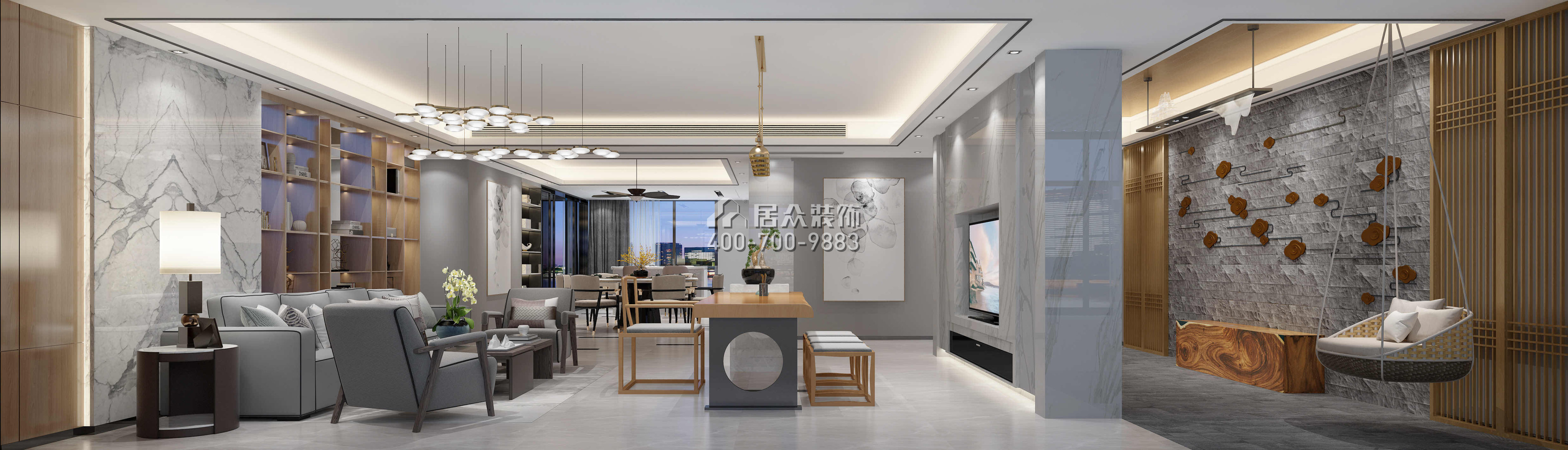 五洲花城300平方米现代简约风格平层户型客厅开元官网效果图