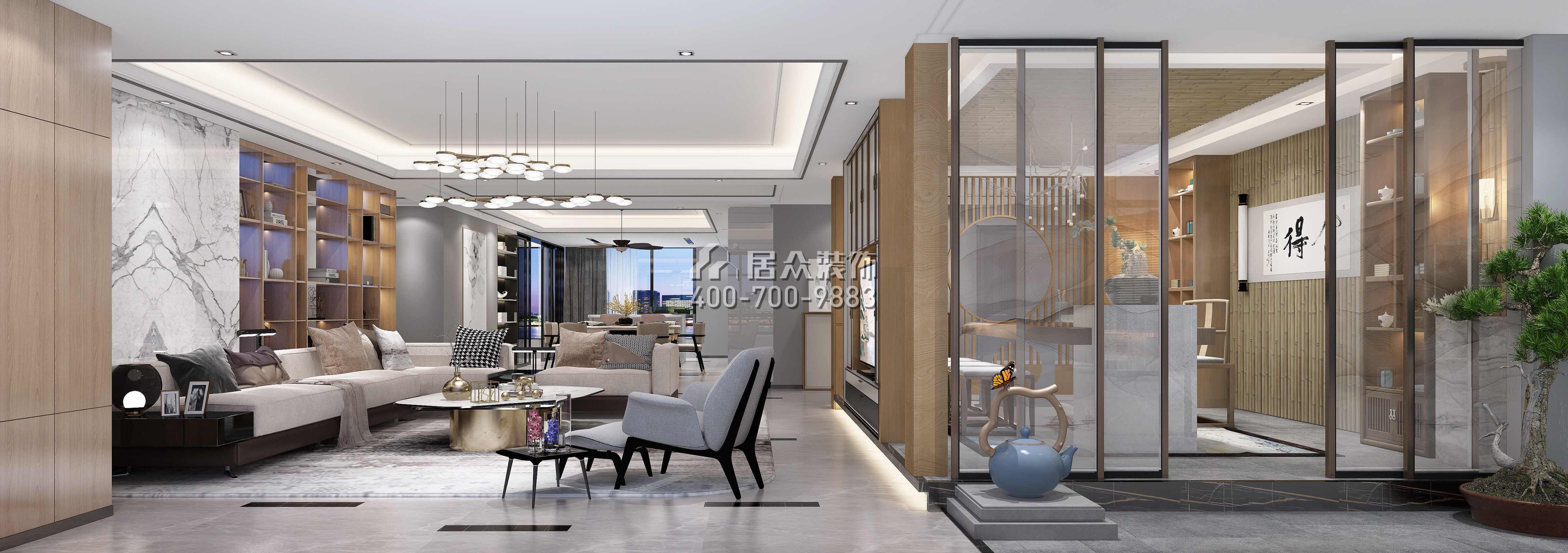 五洲花城330平方米中式风格平层户型客厅kok电竞平台效果图