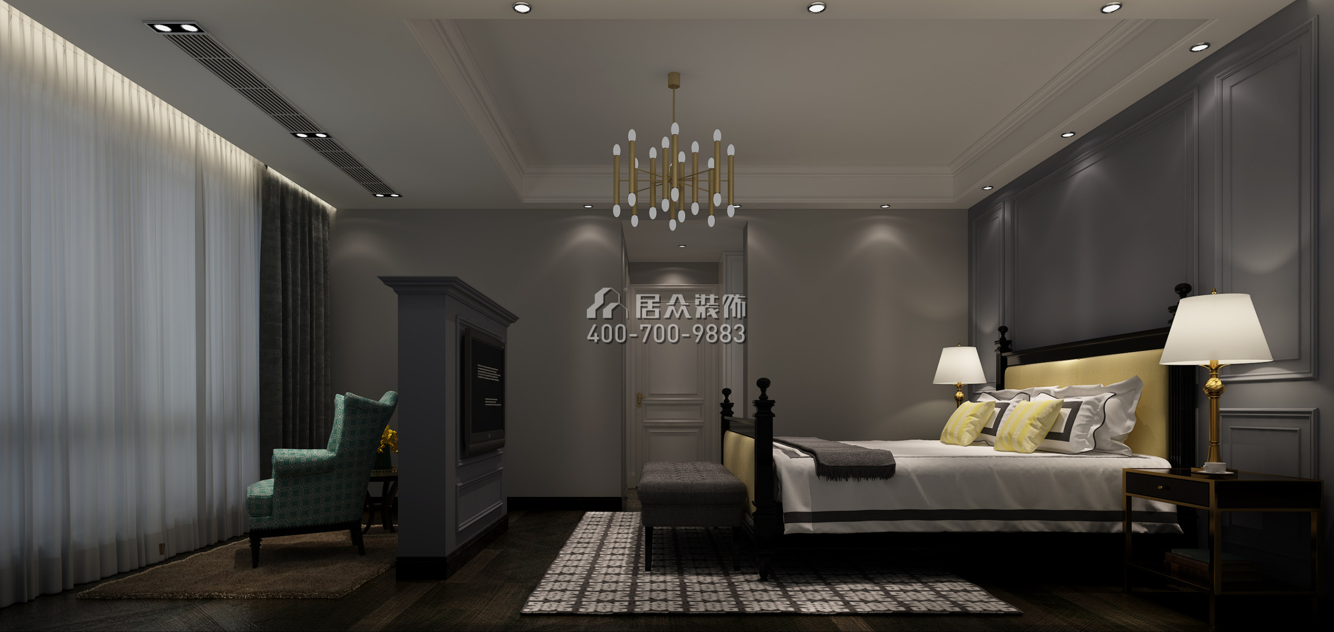 华发山庄191平方米美式风格平层户型卧室装修效果图