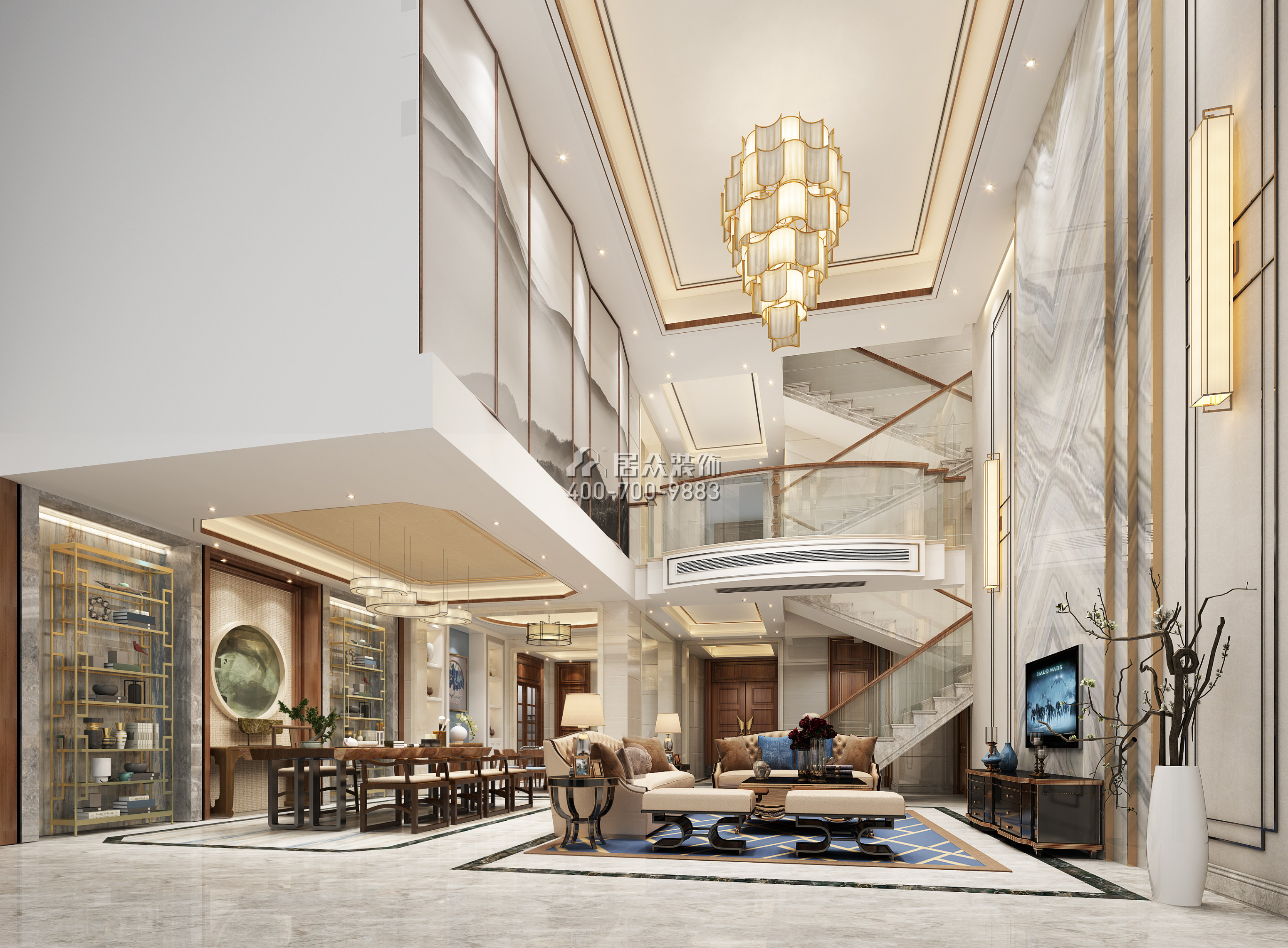 海逸豪庭御峰321平方米中式风格别墅户型客餐厅一体装修效果图
