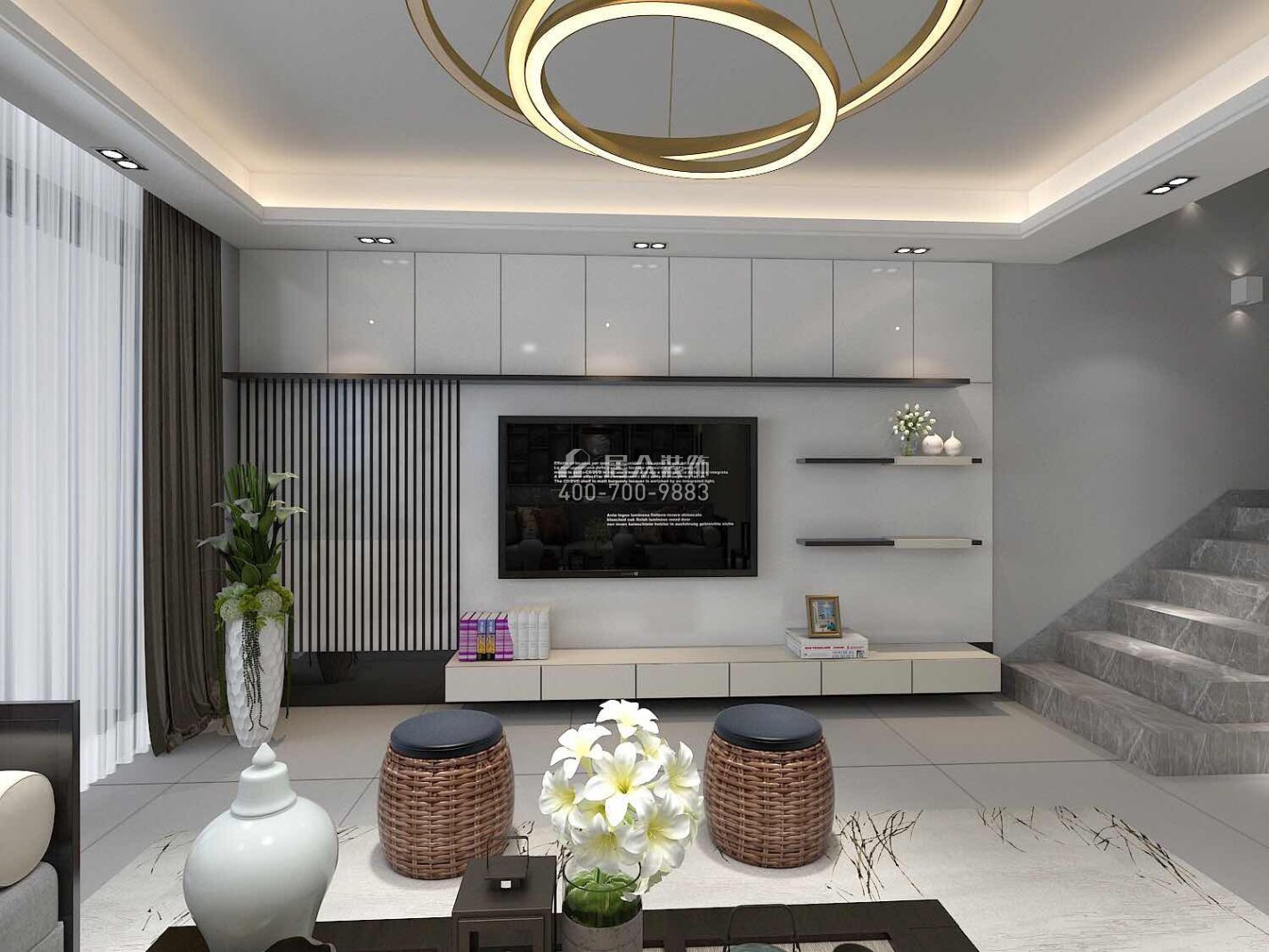 星河丹堤360平方米现代简约风格复式户型客厅装修效果图