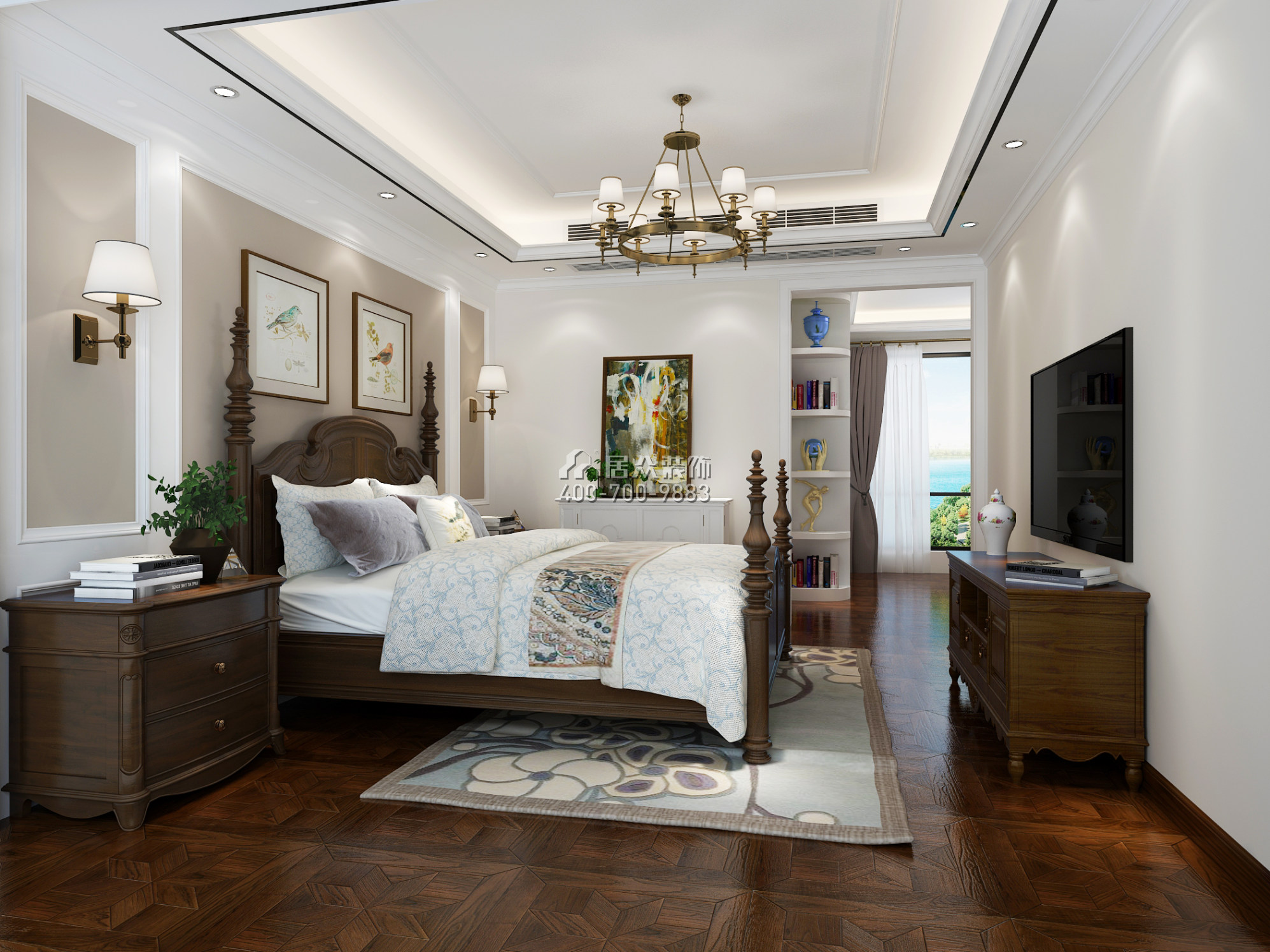 联投东方华府二期120平方米美式风格平层户型卧室装修效果图