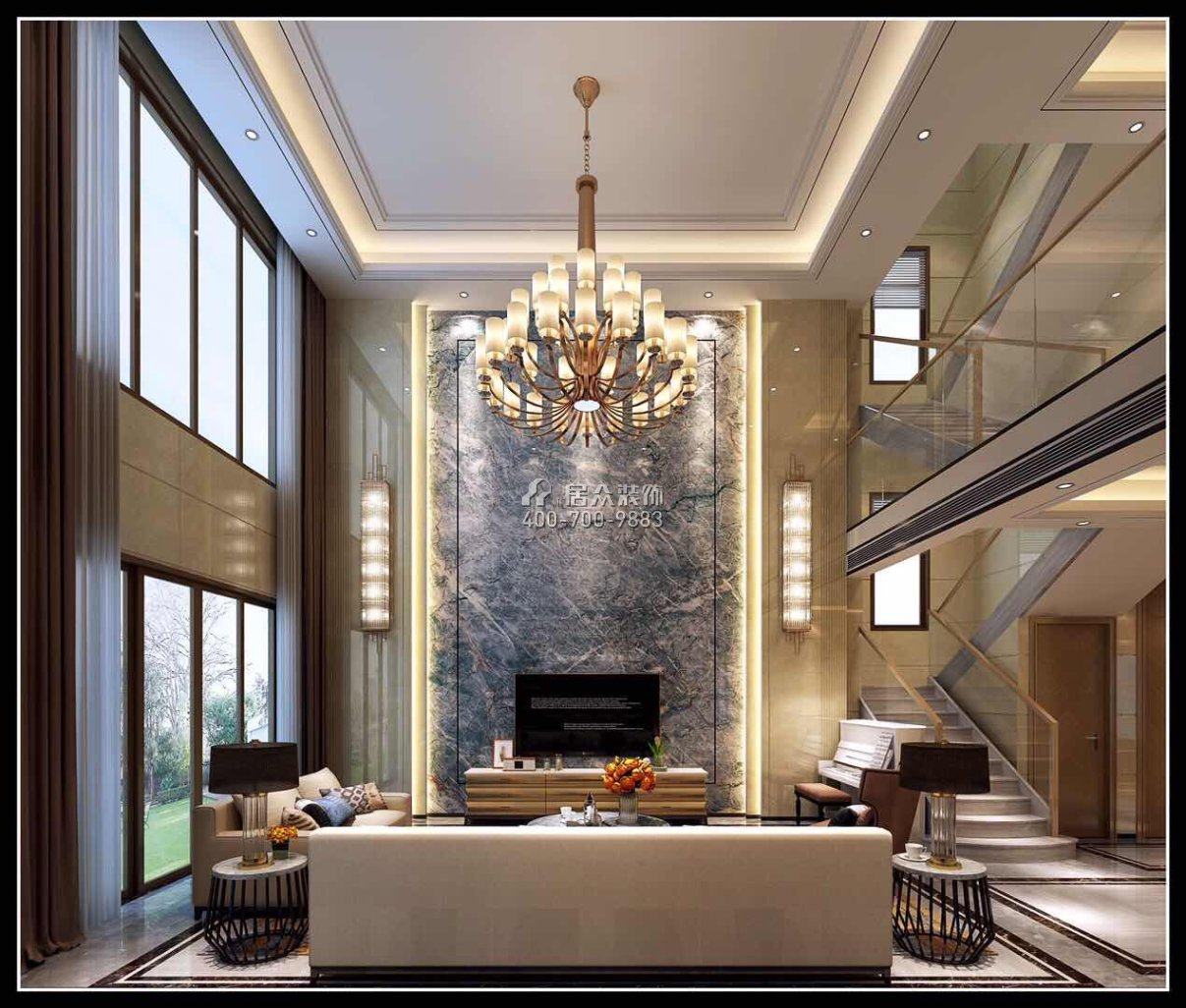 海御豪庭御峰322平方米现代简约风格别墅户型客厅装修效果图