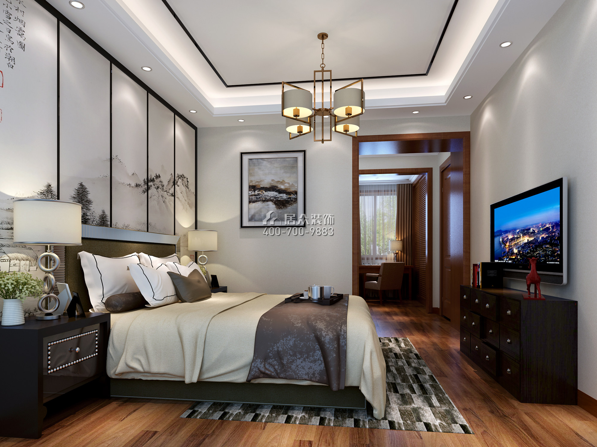 同和悅園139平方米中式風格平層戶型臥室裝修效果圖