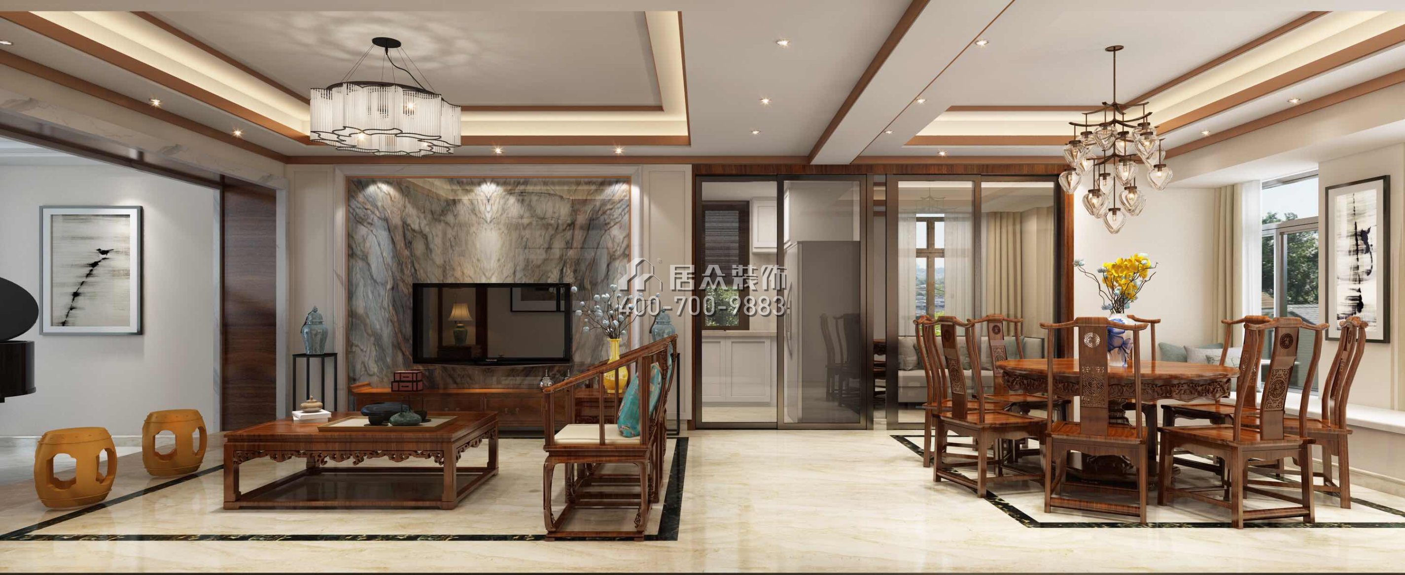 天骄华庭140平方米中式风格平层户型客餐厅一体装修效果图
