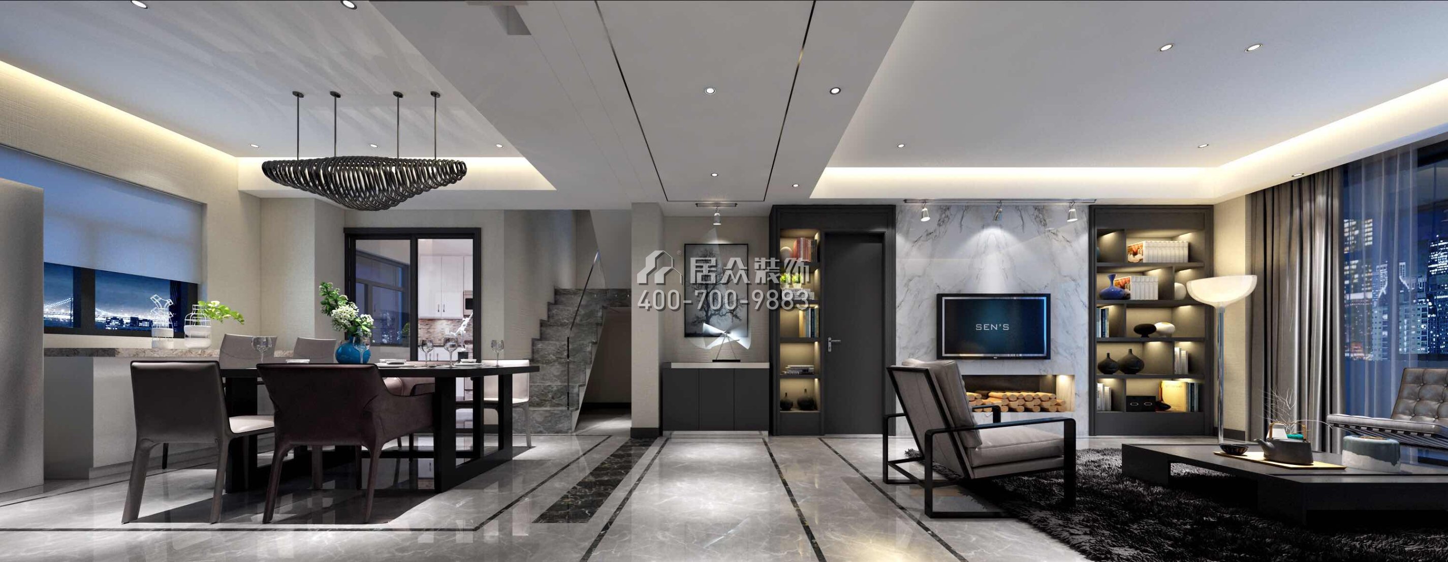 招商名仕220平方米现代简约风格复式户型客餐厅一体装修效果图