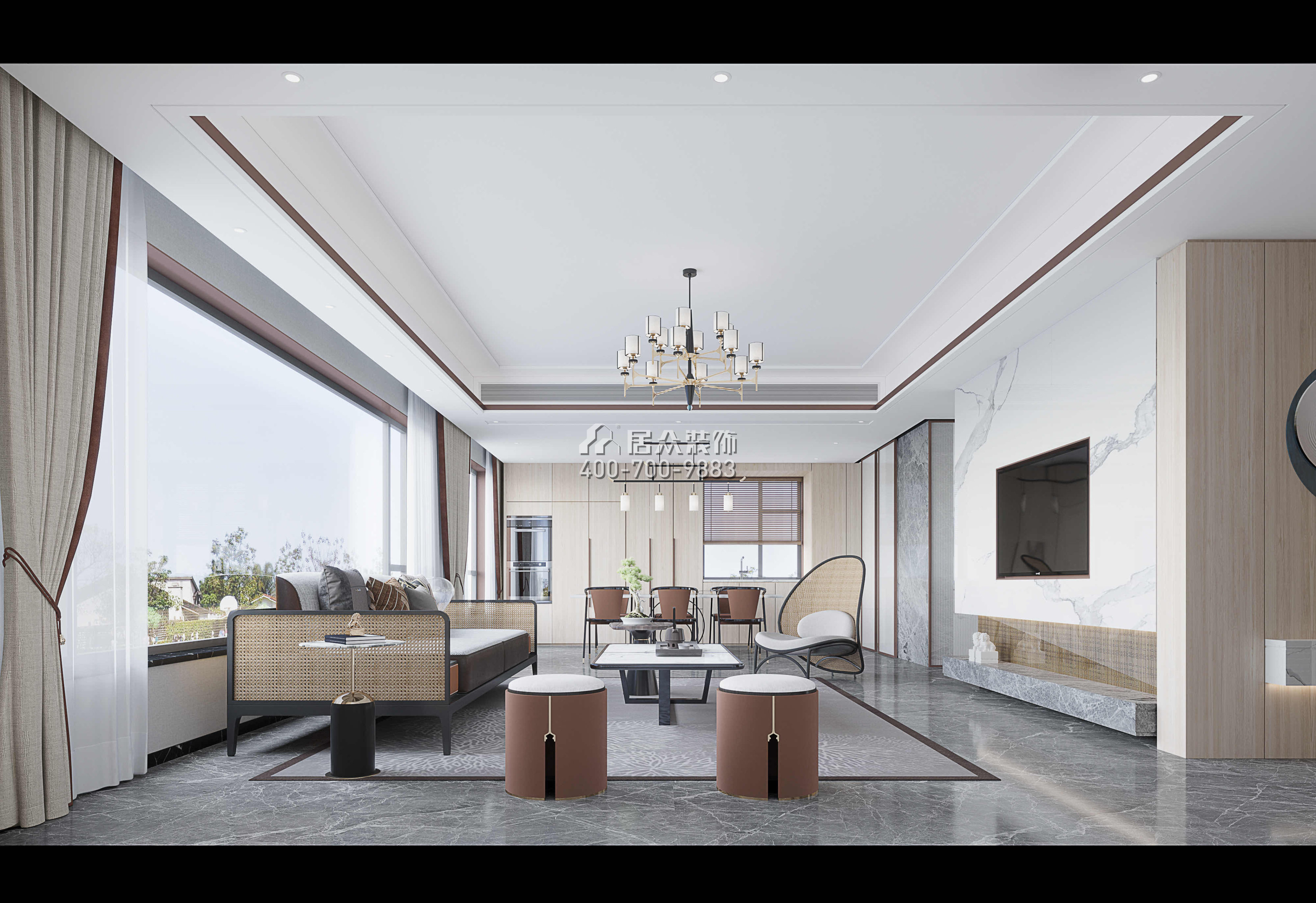 建發央著220平方米中式風格復式戶型客廳裝修效果圖