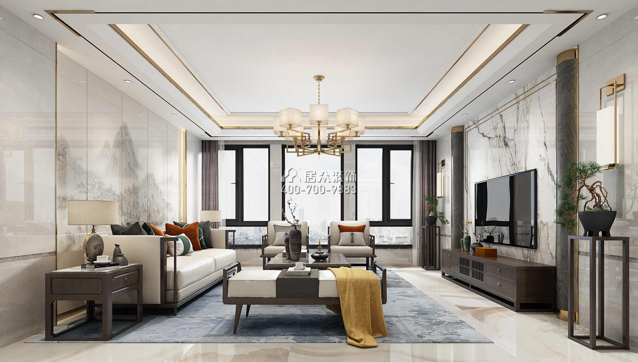 华尔顿1275158平方米中式风格平层户型客厅装修效果图