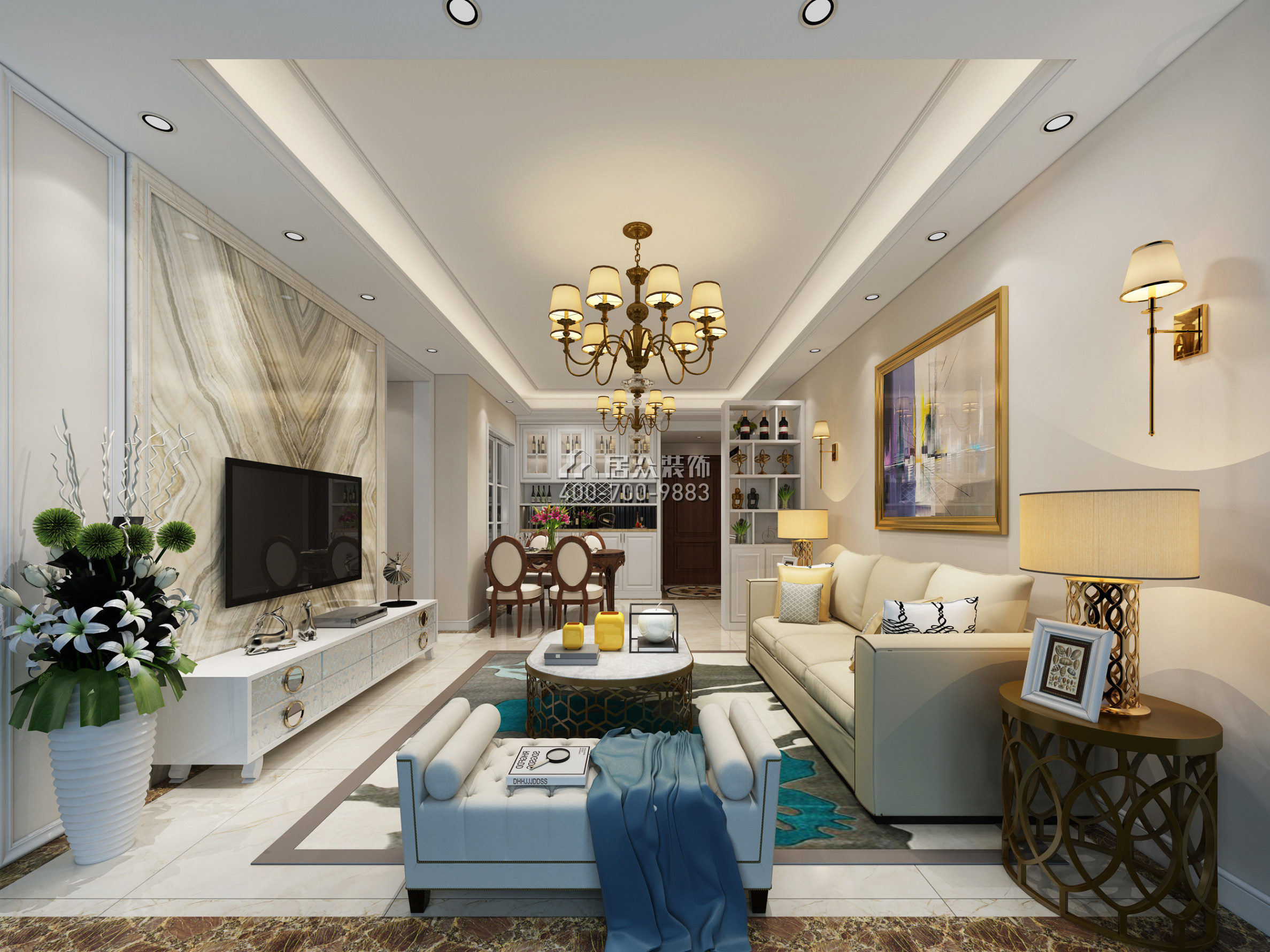 星河銀湖谷98平方米美式風格平層戶型客廳裝修效果圖