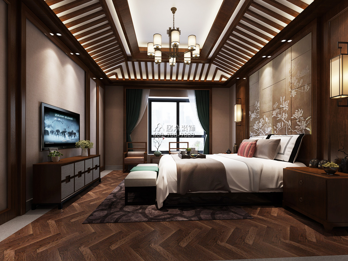 天利天鹅湾420平方米中式风格别墅户型卧室装修效果图